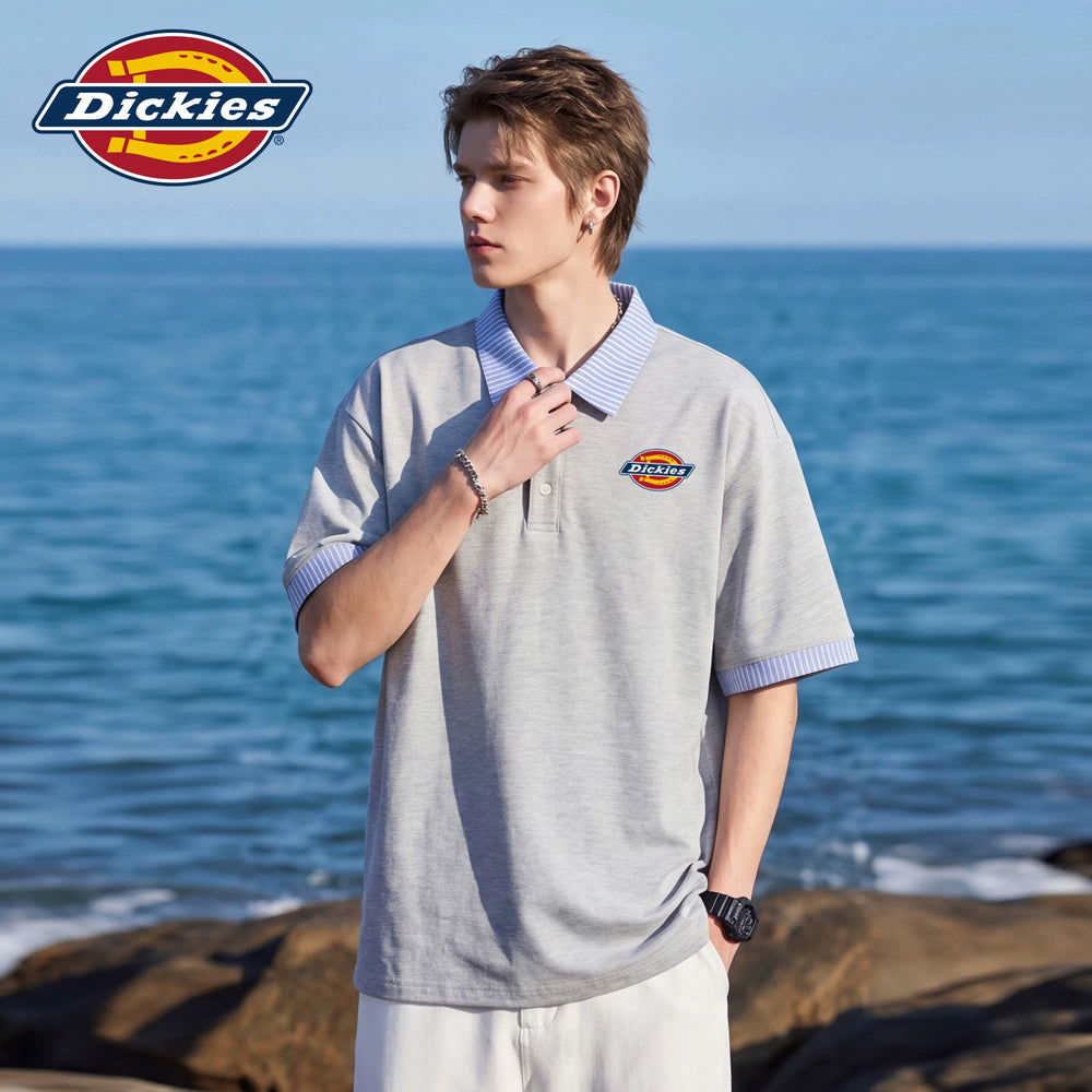 Dickies Emperor Cool Suitable Stripe Splicing Collar Short Sleeve Polo Top Men's Summer Loose Half Sleeve T-shirt M