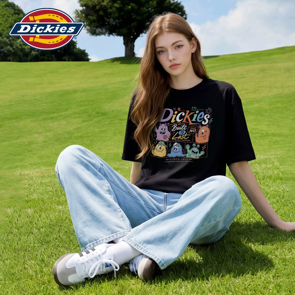 Dickies Cool Cartoon style Short sleeved T-shirt for women's summer style black printed round neck pure cotton trendy top m