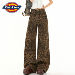 Dickies is a cool and stylish American retro vintage vintage leopard print wide leg jeans for women in summer, with a high waist and slim figure, and floor length pants