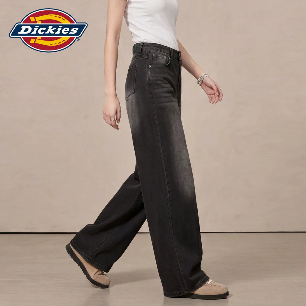 Dickies Cool Washable Black Grey Wide Leg Jeans for Women in Summer, High Waist Straight Leg Pants, Small and Comfortable, M