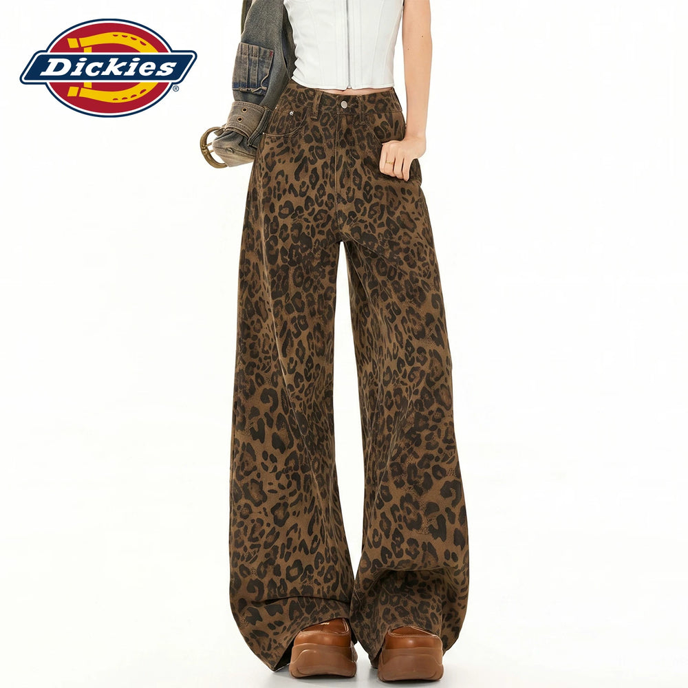 Dickies is a cool and stylish American retro vintage vintage leopard print wide leg jeans for women in summer, with a high waist and slim figure, and floor length pants