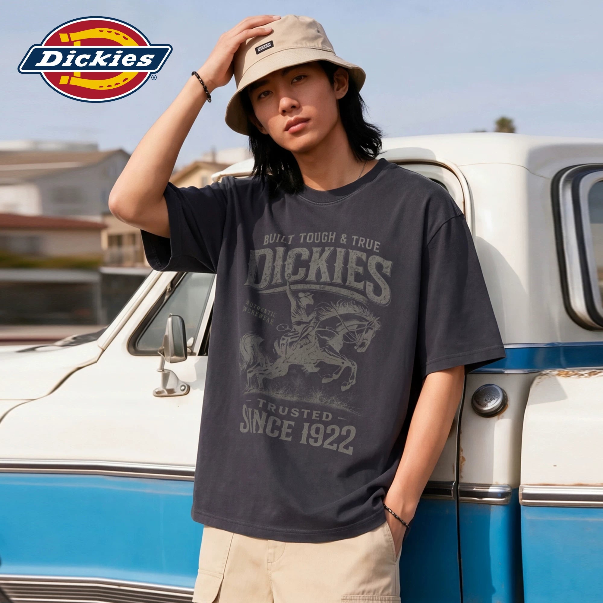 Dickies Cool Suitable Pure Cotton Short sleeved T-shirt Men's Summer American Retro Western Cowboy Letter Printed Top M