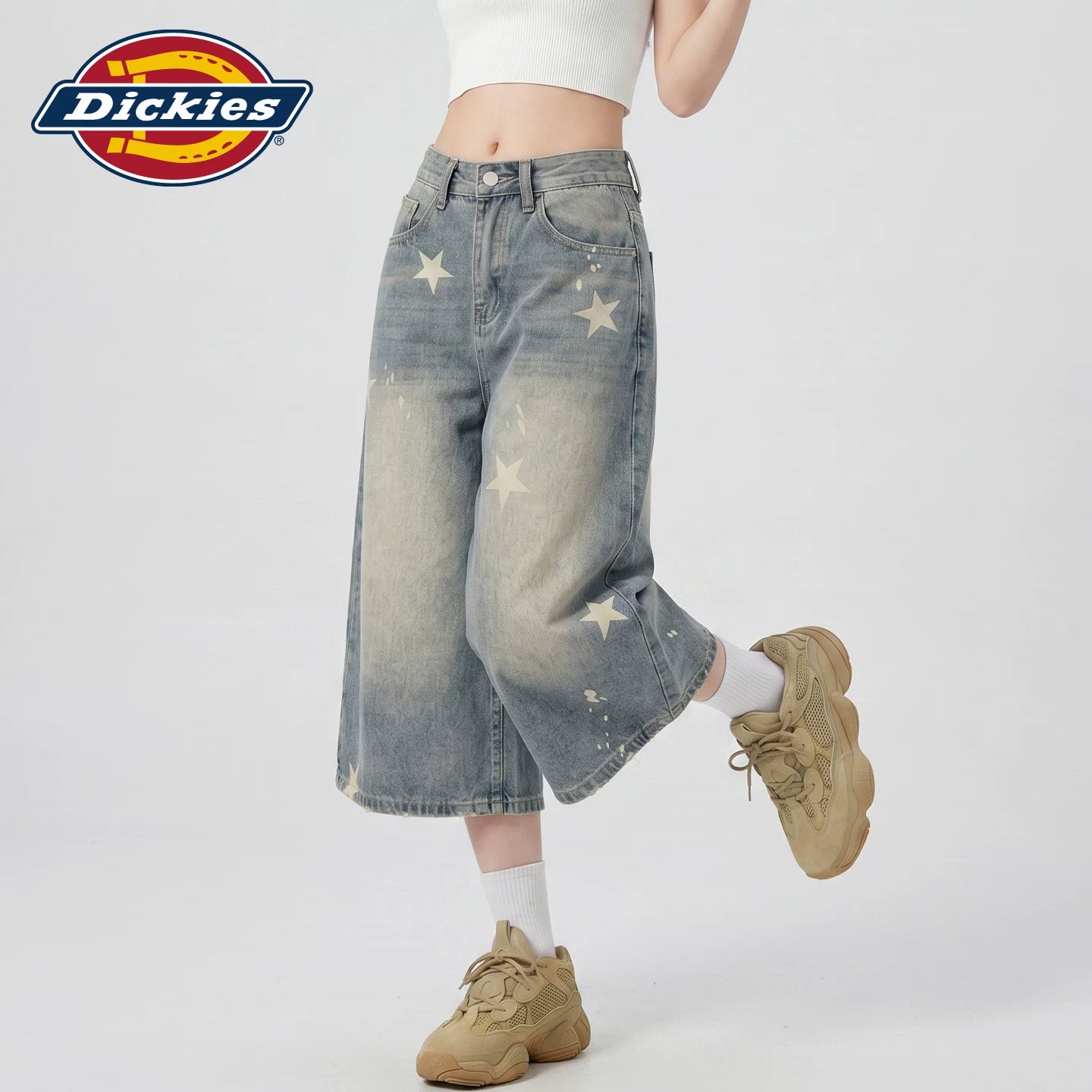 Dickies Cool American Retro Star Printed Seven Cent Cowboy Shorts for Women, Vintage Washed Wide Leg Mid Pants Y
