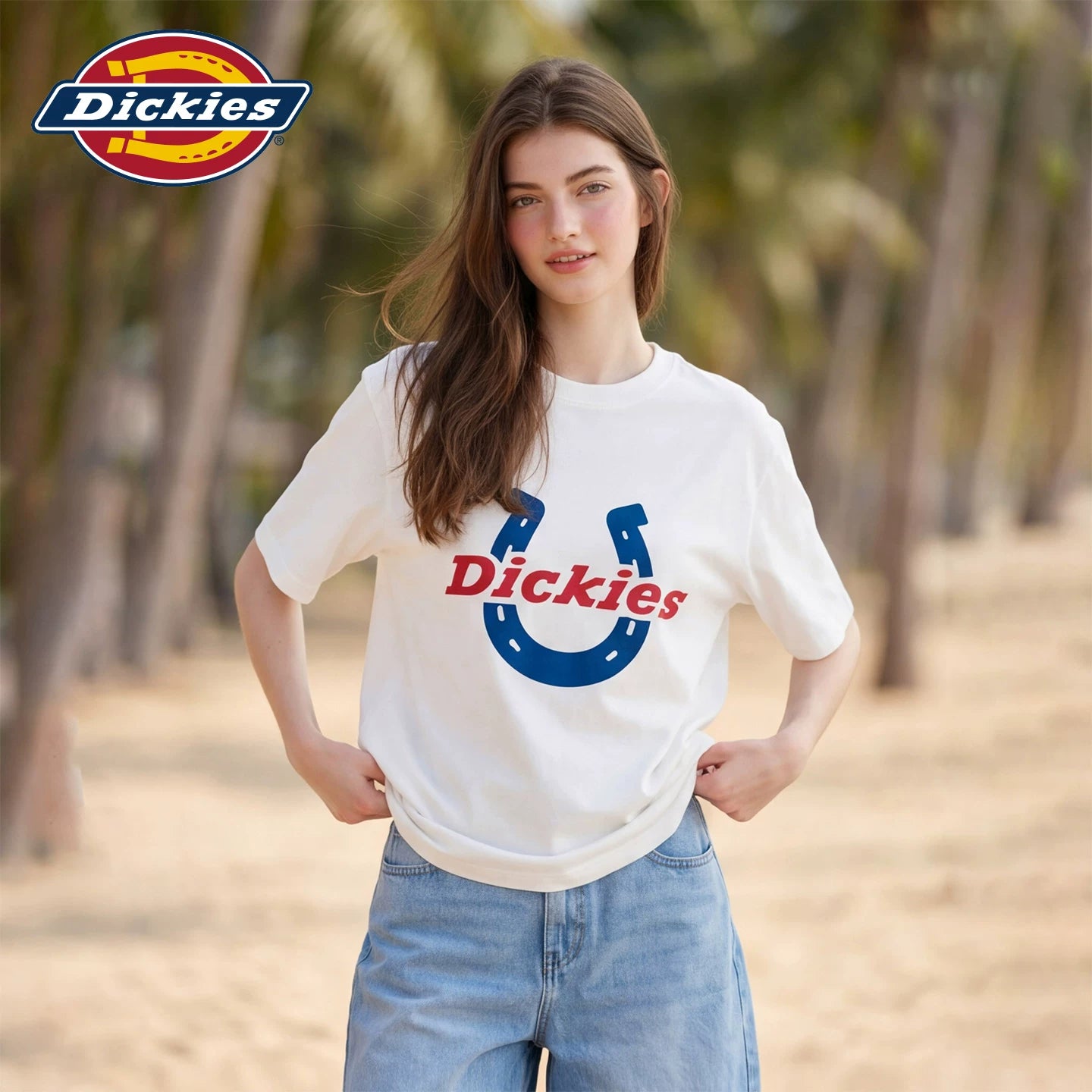 Dickies Cool Suitable White Round Neck Printed Short Sleeve T-shirt for Women 2026 Loose and Versatile Casual Top Trendy Brand M