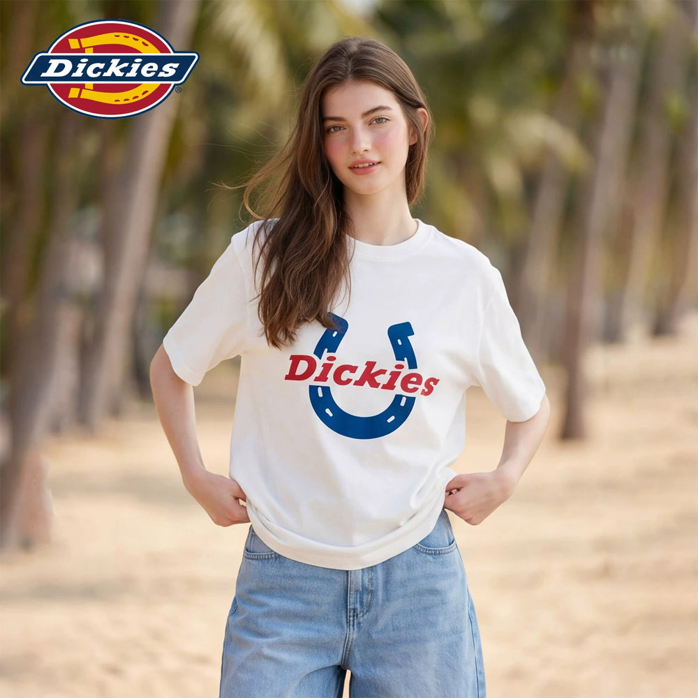 Dickies Cool Suitable White Round Neck Printed Short Sleeve T-shirt for Women 2026 Loose and Versatile Casual Top Trendy Brand M