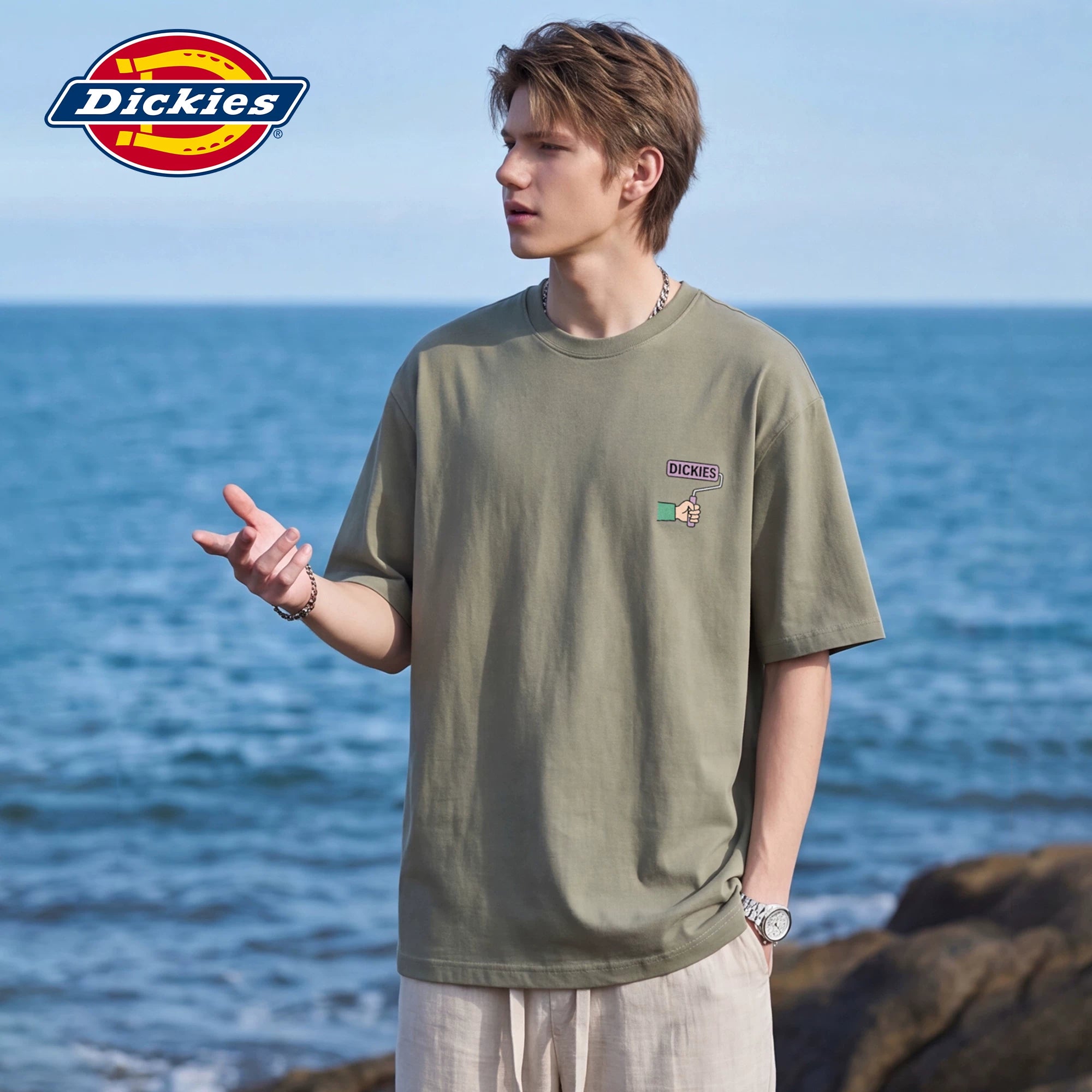 Dickies Cool Suitable Pure Cotton Short sleeved T-shirt Men's Summer American Trendy Brand Cartoon Letter Printed Half Sleeve Top M