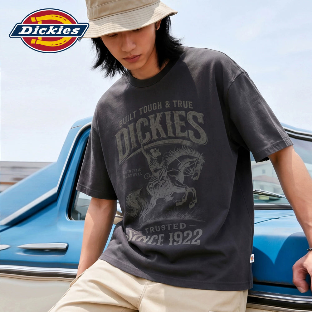 Dickies Cool Suitable Pure Cotton Short sleeved T-shirt Men's Summer American Retro Western Cowboy Letter Printed Top M