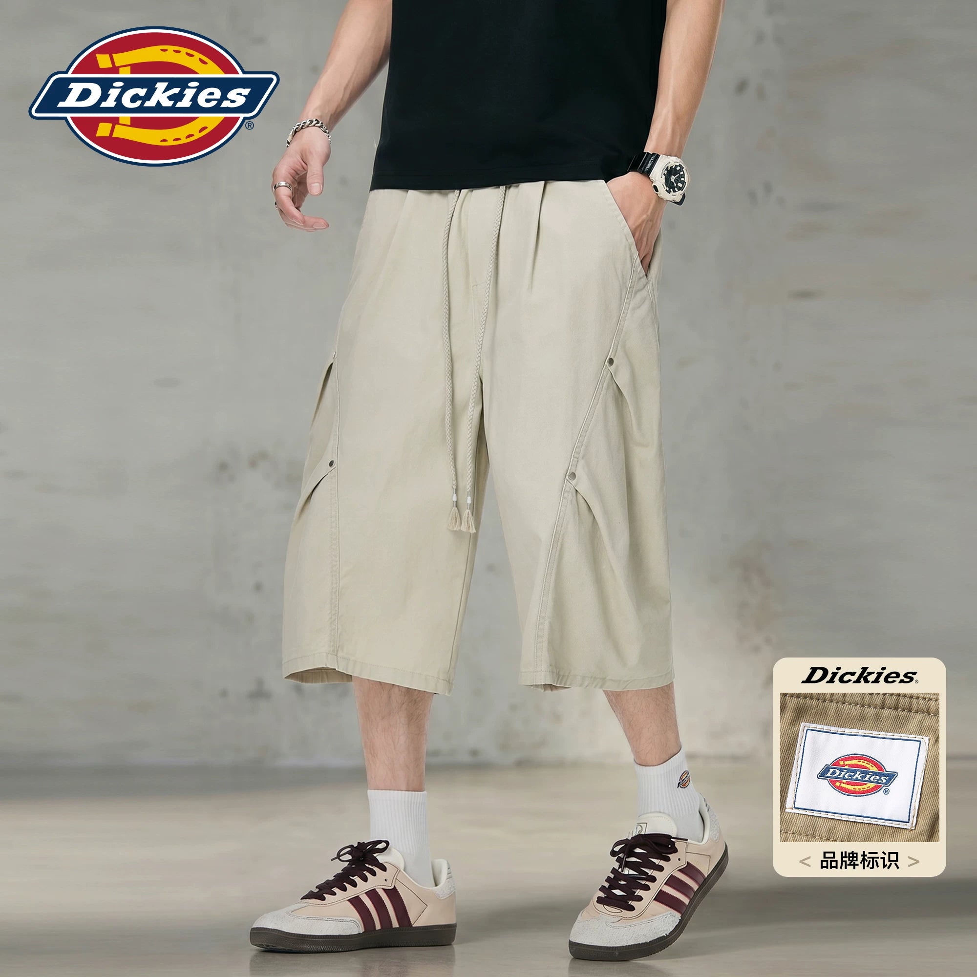 Dickies pure cotton straight leg seven quarter pants for men, summer trendy brand pleated splicing loose casual shorts M