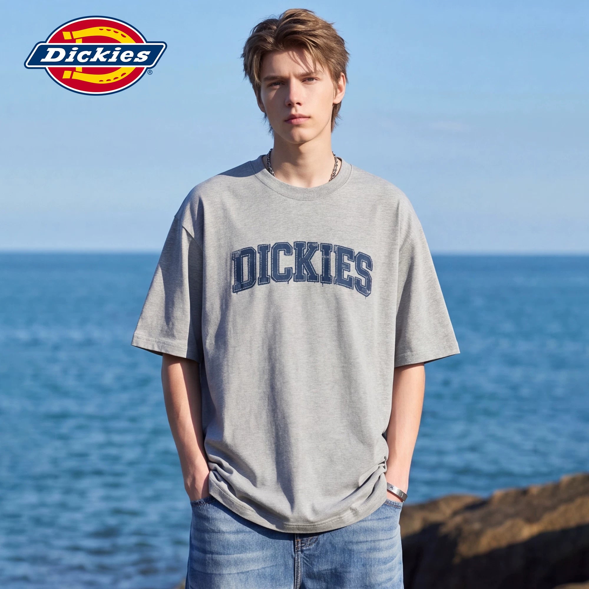 Dickies casual letter printed short sleeved T-shirt for men's summer loose round neck pure cotton half sleeved top M