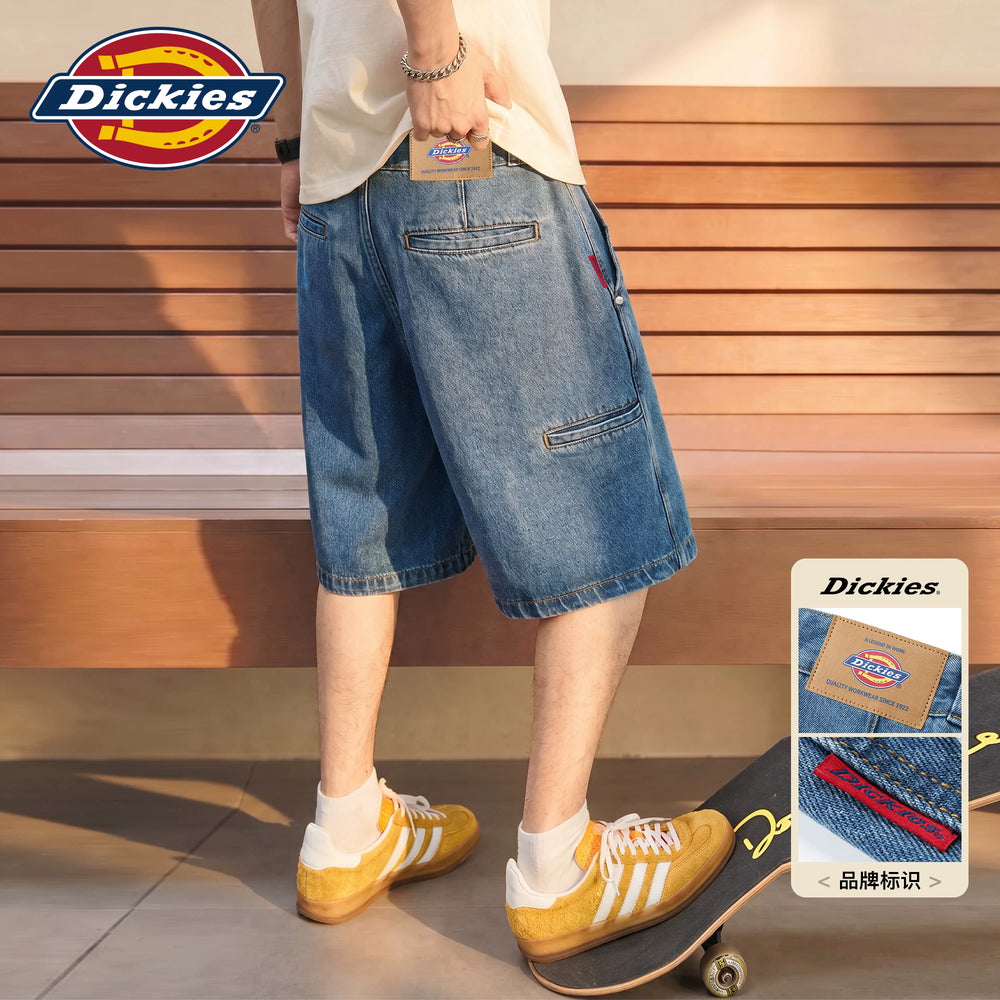 Dickies' cool and washable denim shorts for men, summer retro loose straight leg casual five inch mid length pants M