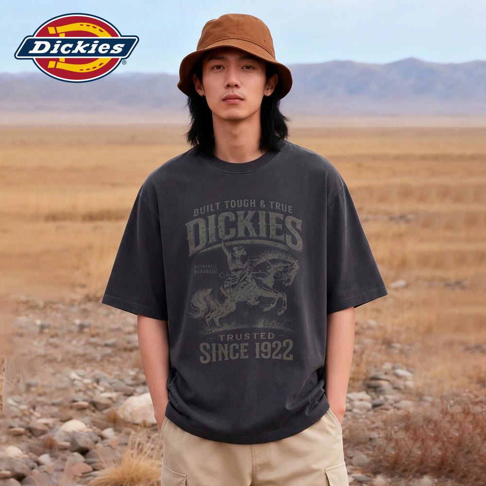 Dickies Cool Suitable Pure Cotton Short sleeved T-shirt Men's Summer American Retro Western Cowboy Letter Printed Top M