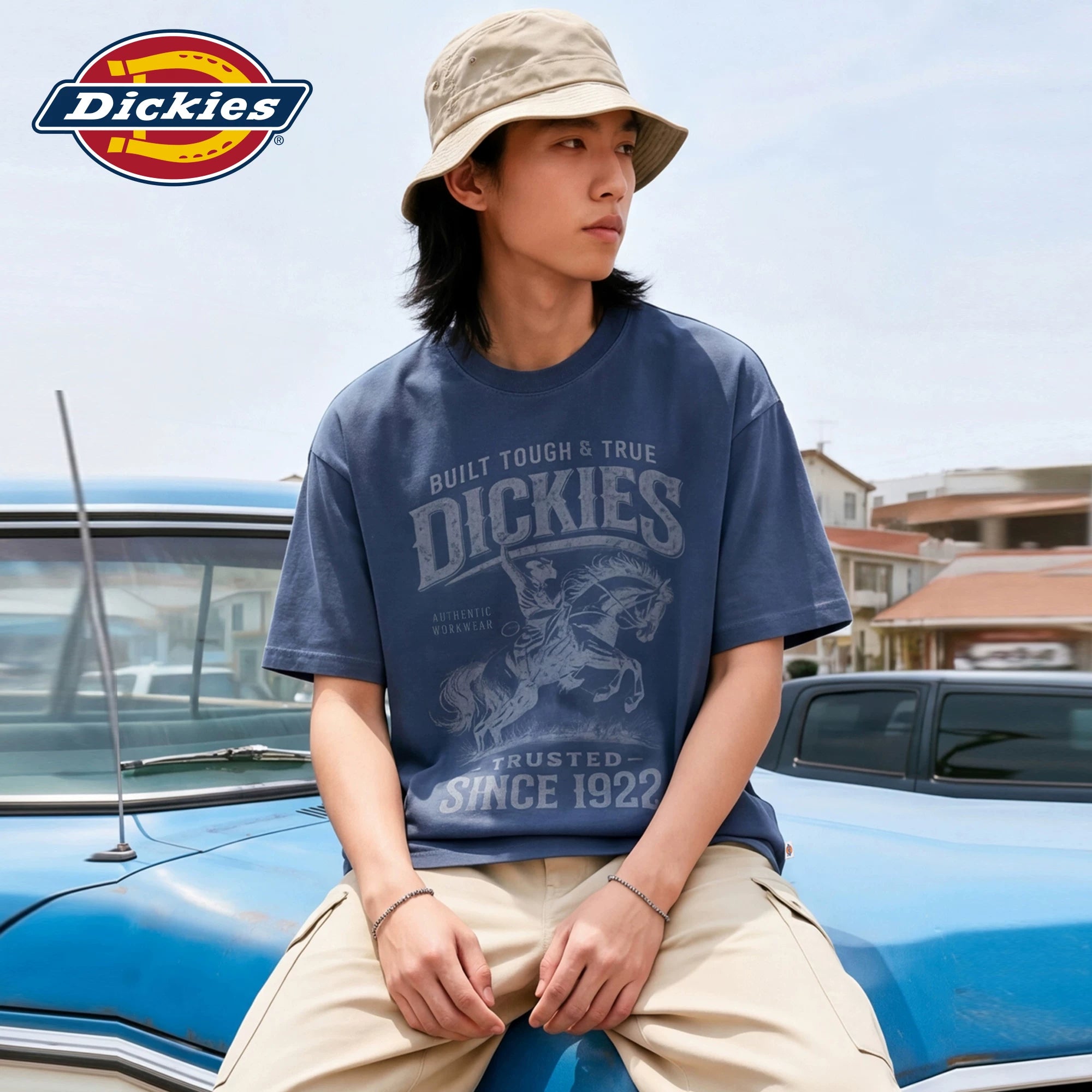 Dickies Cool Suitable Pure Cotton Short sleeved T-shirt Men's Summer American Retro Western Cowboy Letter Printed Top M