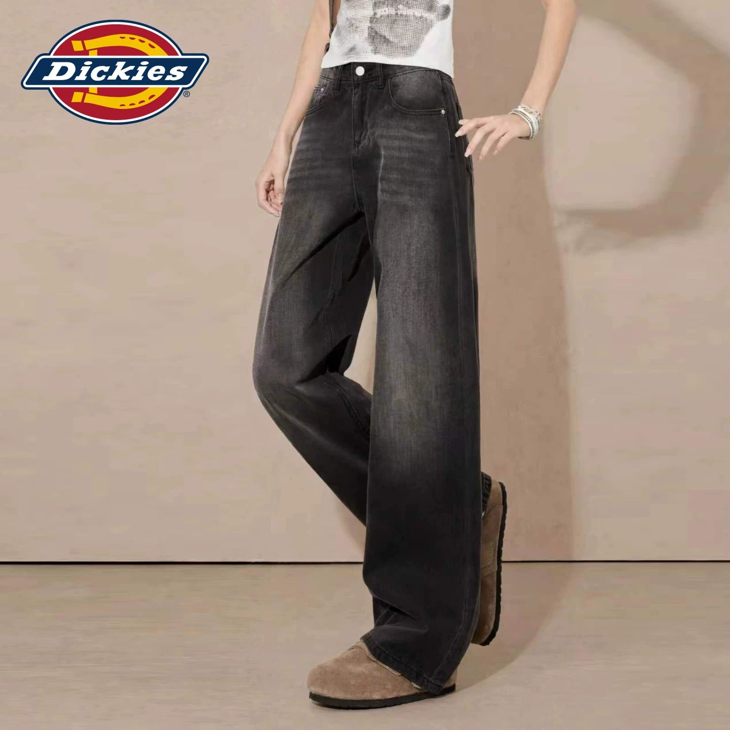 Dickies Cool Washable Black Grey Wide Leg Jeans for Women in Summer, High Waist Straight Leg Pants, Small and Comfortable, M