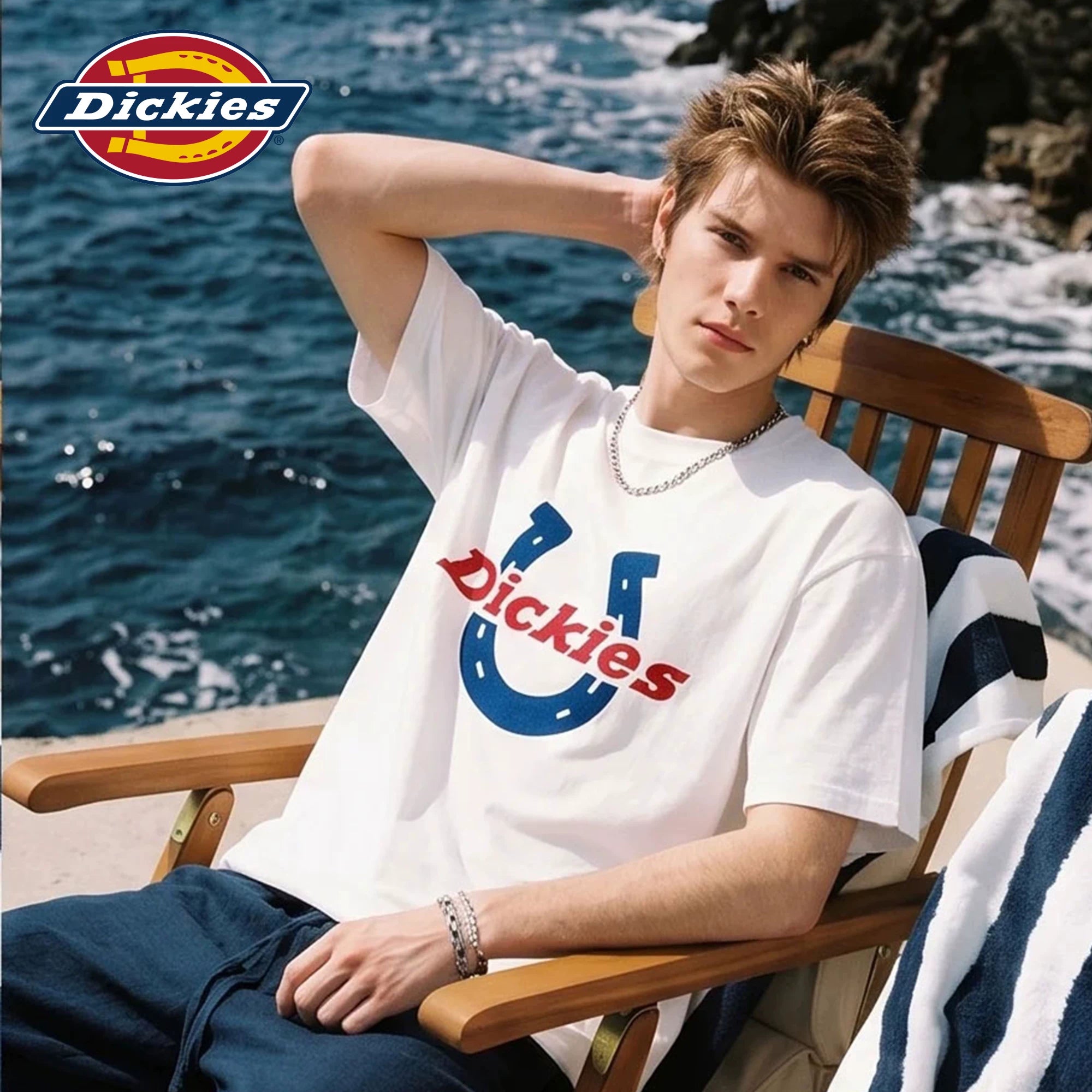 Dickies Cool Suitable American Pure Cotton Short sleeved T-shirt for Boys Summer Horseshoe Letter Printed Half Sleeve Top M