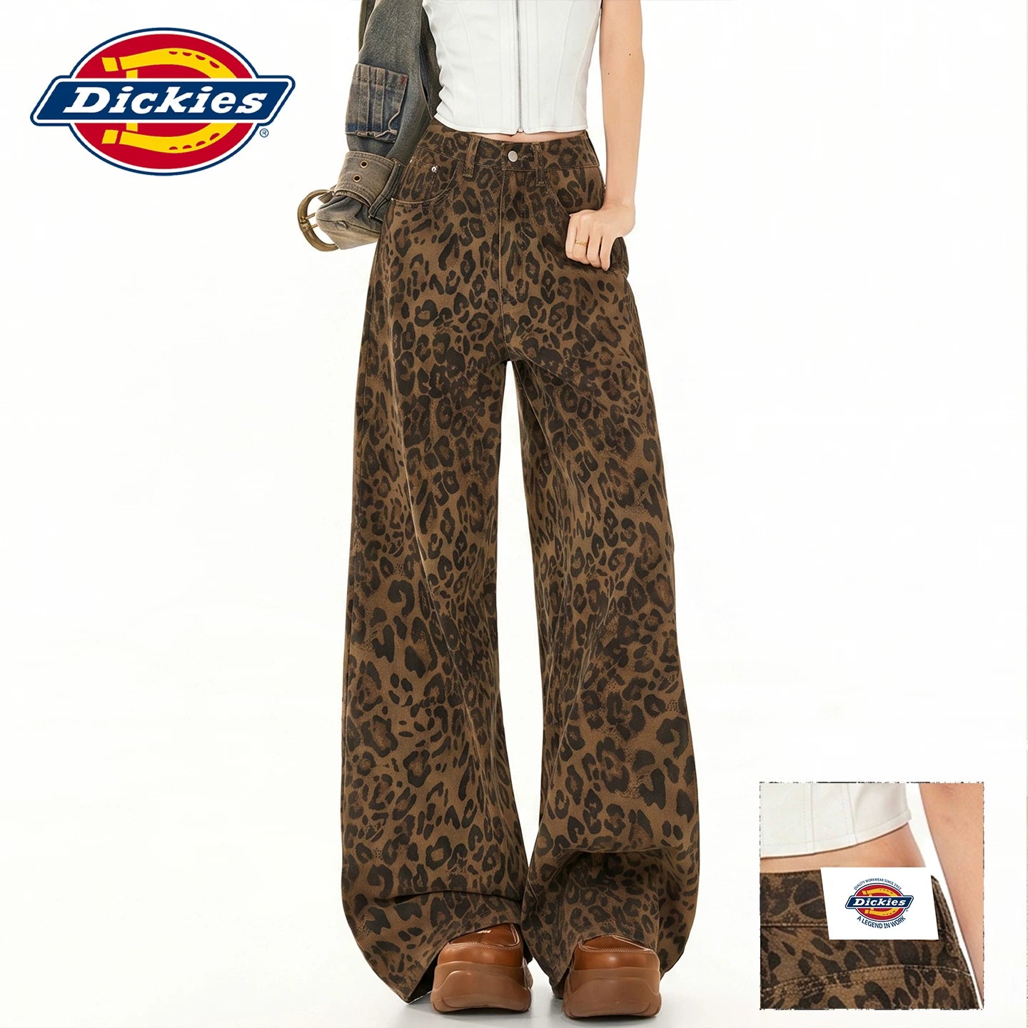 Dickies is a cool and stylish American retro vintage vintage leopard print wide leg jeans for women in summer, with a high waist and slim figure, and floor length pants