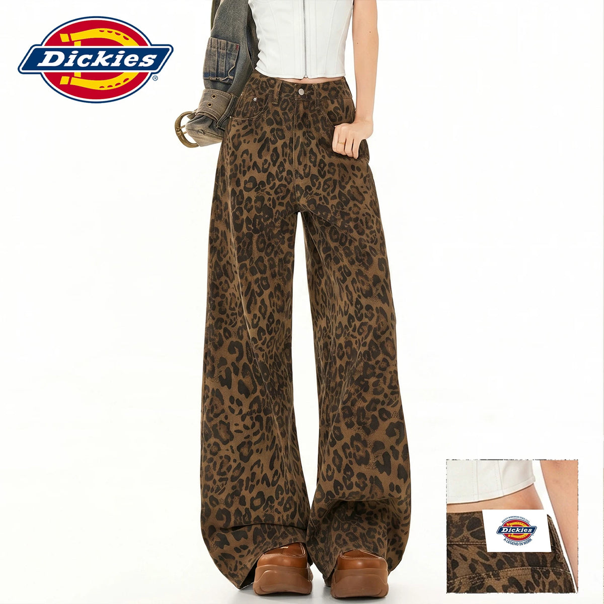 Dickies is a cool and stylish American retro vintage vintage leopard print wide leg jeans for women in summer, with a high waist and slim figure, and floor length pants
