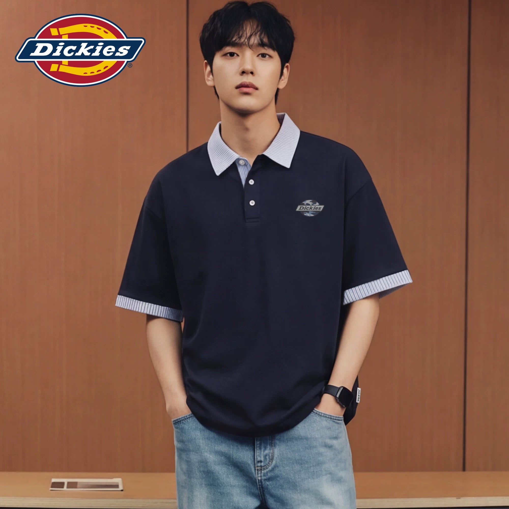 Dickies帝酷适拼接短袖POLO衫男士夏季复古条纹宽松半袖休闲上衣M