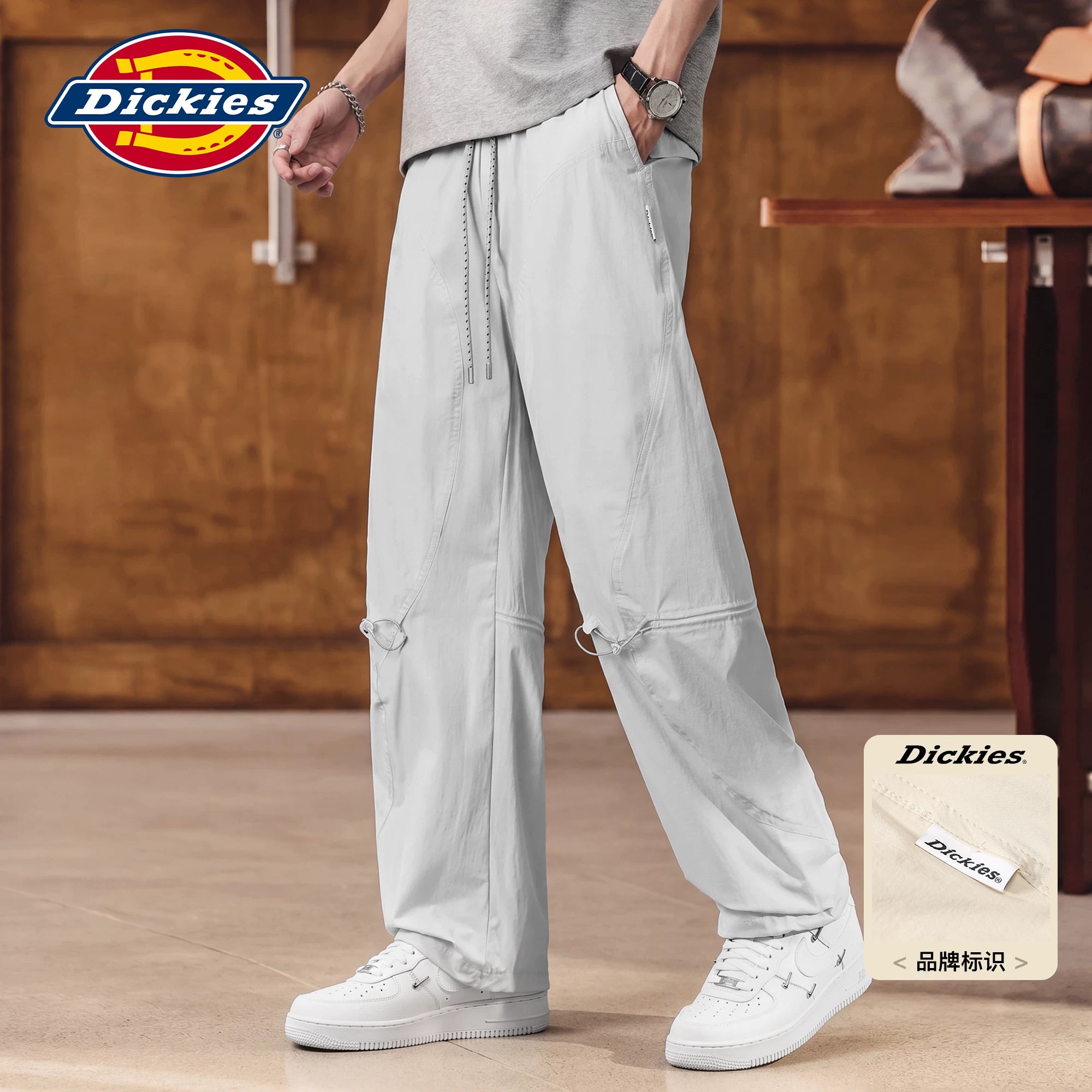 Dickies Men's Black Casual Workwear Pants, Summer Thin Loose Straight Wide-Leg Trousers, Size M