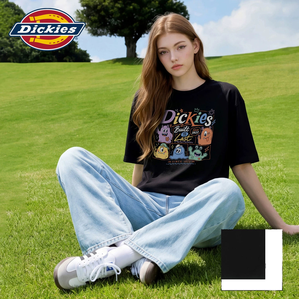 Dickies Cool Cartoon style Short sleeved T-shirt for women's summer style black printed round neck pure cotton trendy top m