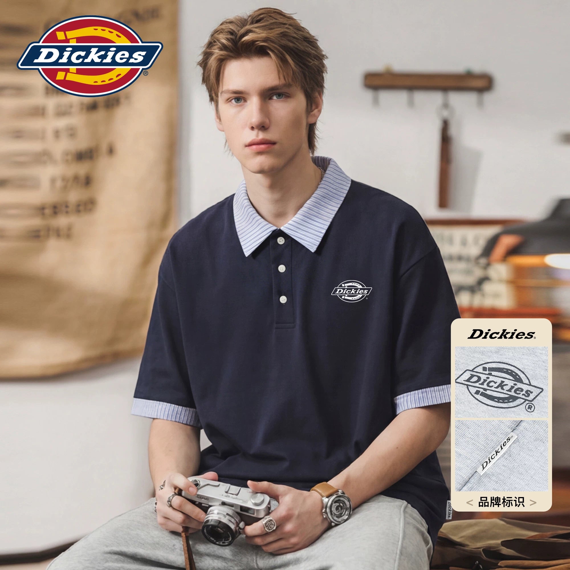 Dickies Emperor Cool Suitable Stripe Splicing Collar Short Sleeve Polo Shirt Men's Summer Casual Half Sleeve T-shirt Top M