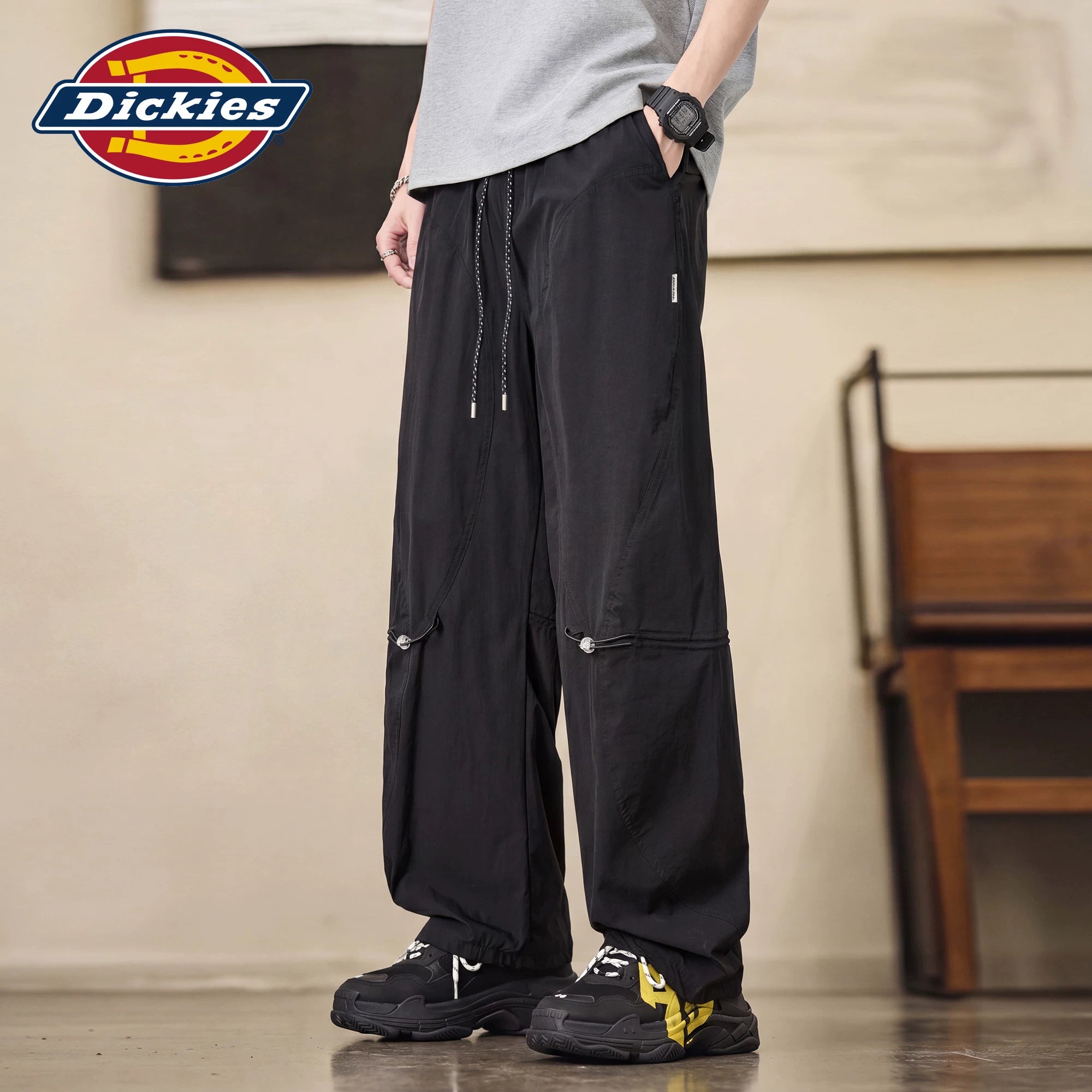 Dickies Men's Black Casual Workwear Pants, Summer Thin Loose Straight Wide-Leg Trousers, Size M