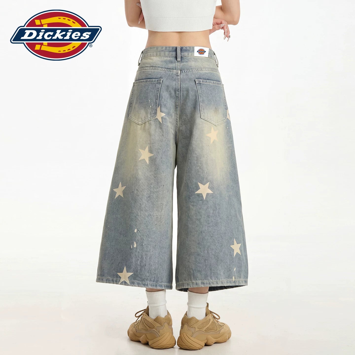 Dickies Cool American Retro Star Printed Seven Cent Cowboy Shorts for Women, Vintage Washed Wide Leg Mid Pants Y