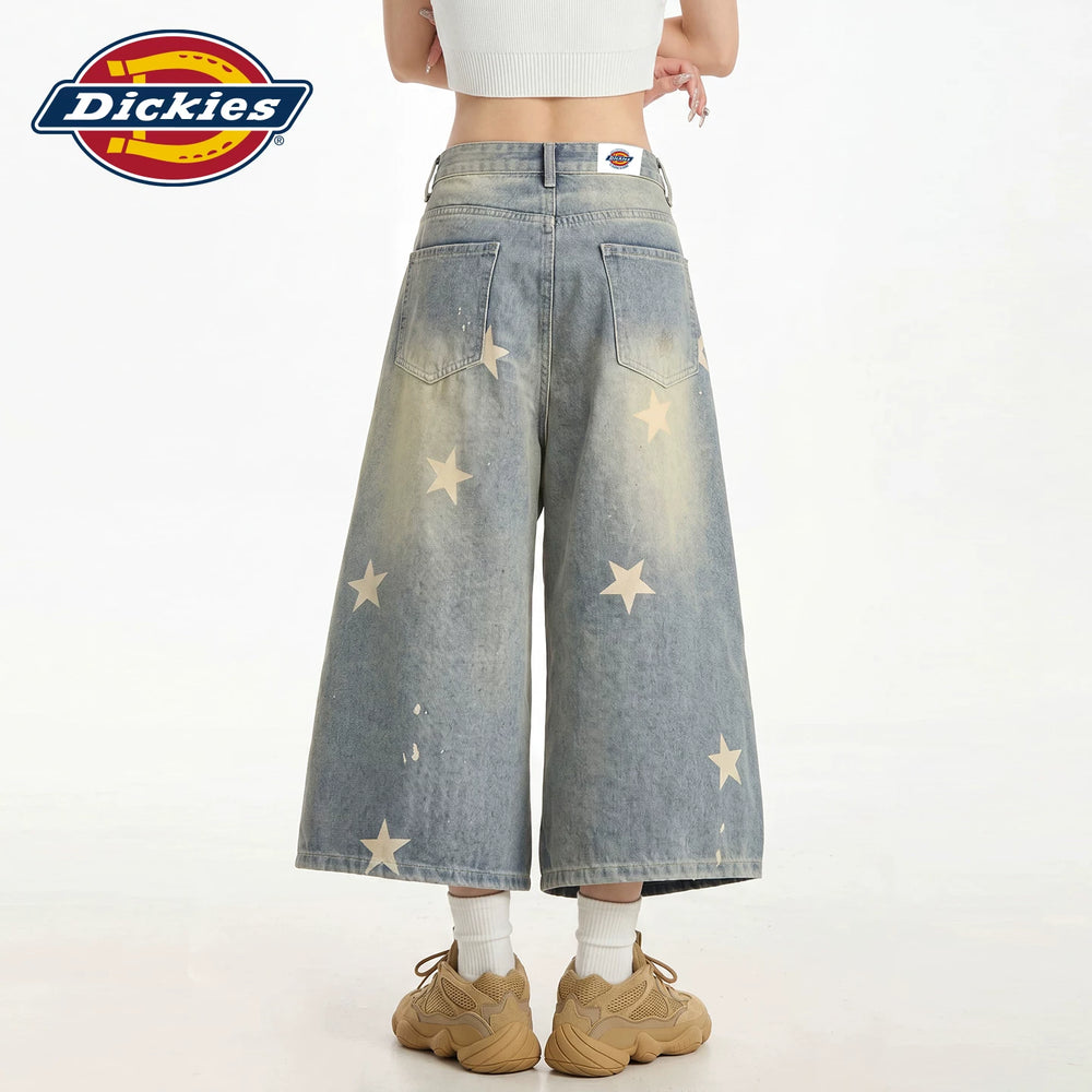 Dickies Cool American Retro Star Printed Seven Cent Cowboy Shorts for Women, Vintage Washed Wide Leg Mid Pants Y