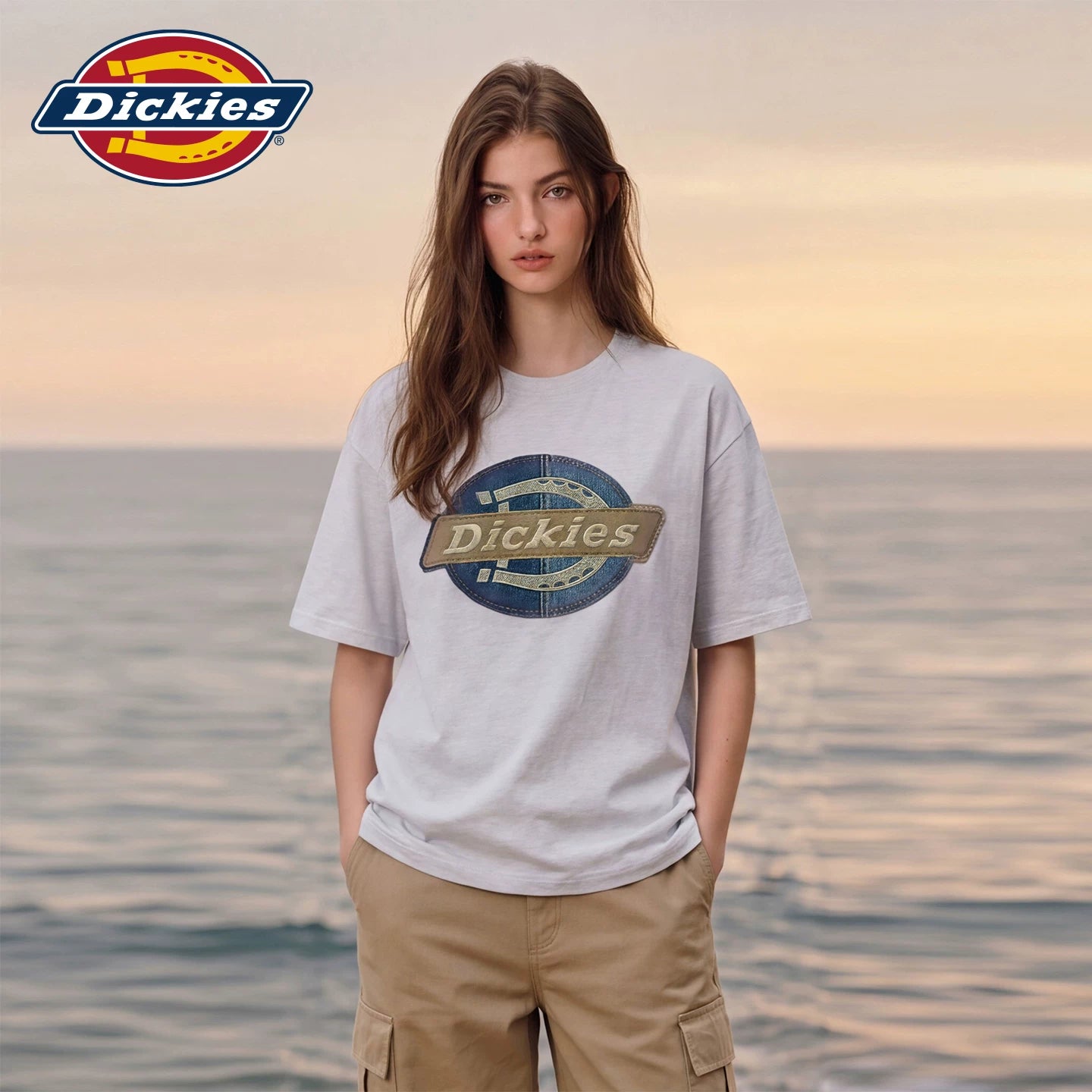 Dickies Cool Suitable navy blue round neck printed short sleeved T-shirt for women's summer new loose casual style top m