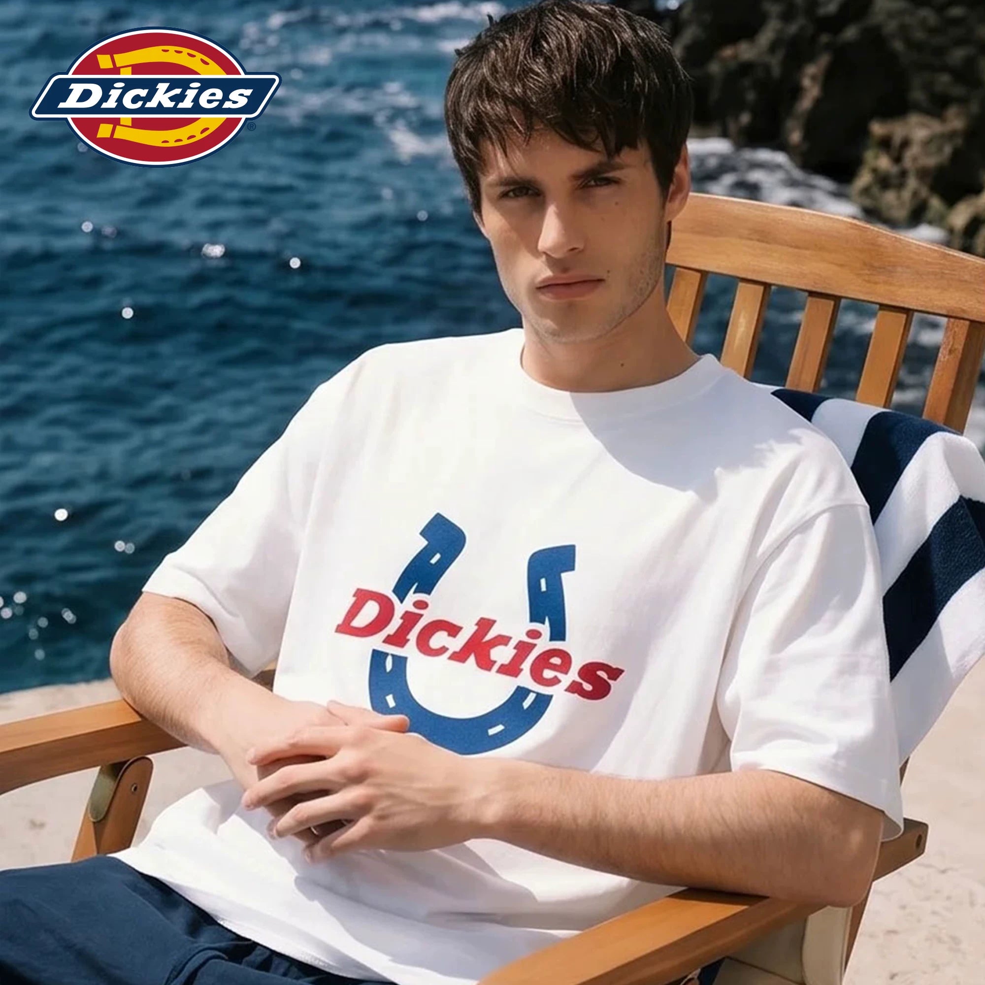 Dickies Cool Suitable American Pure Cotton Short sleeved T-shirt for Boys Summer Horseshoe Letter Printed Half Sleeve Top M
