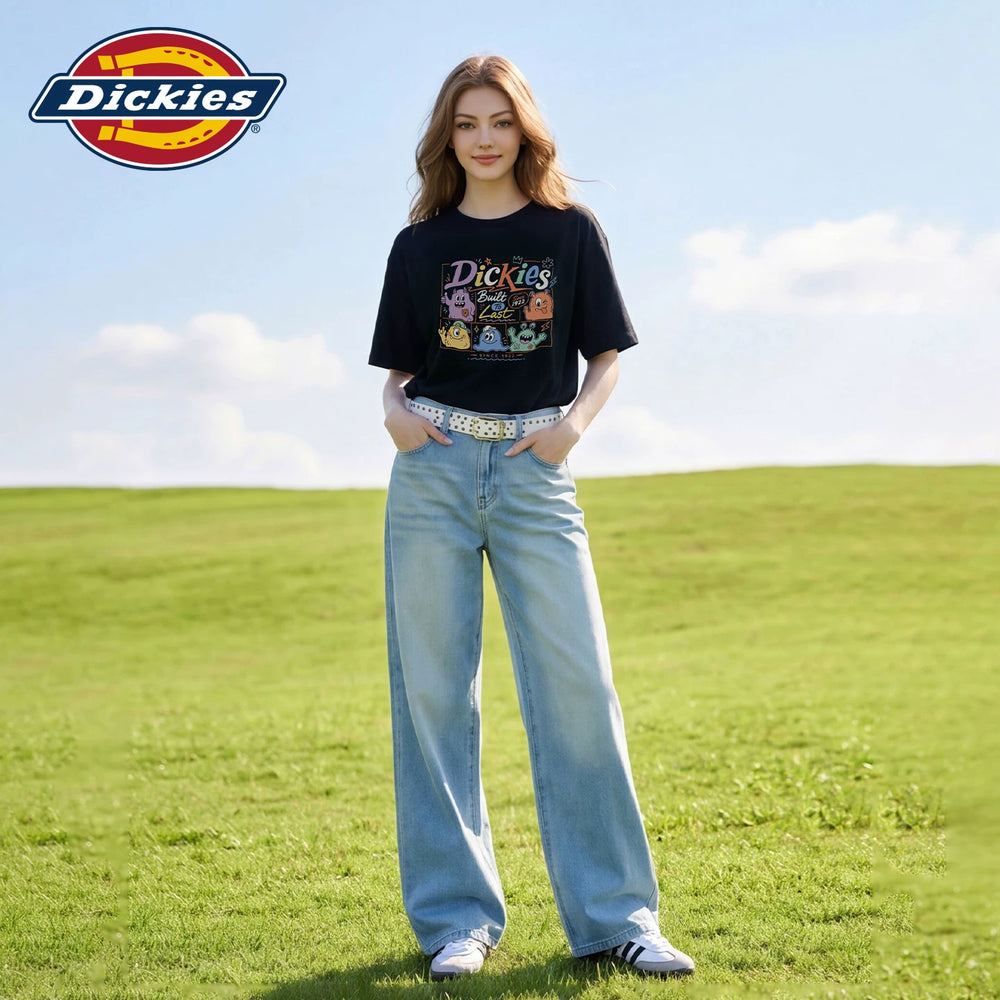Dickies Cool Cartoon style Short sleeved T-shirt for women's summer style black printed round neck pure cotton trendy top m