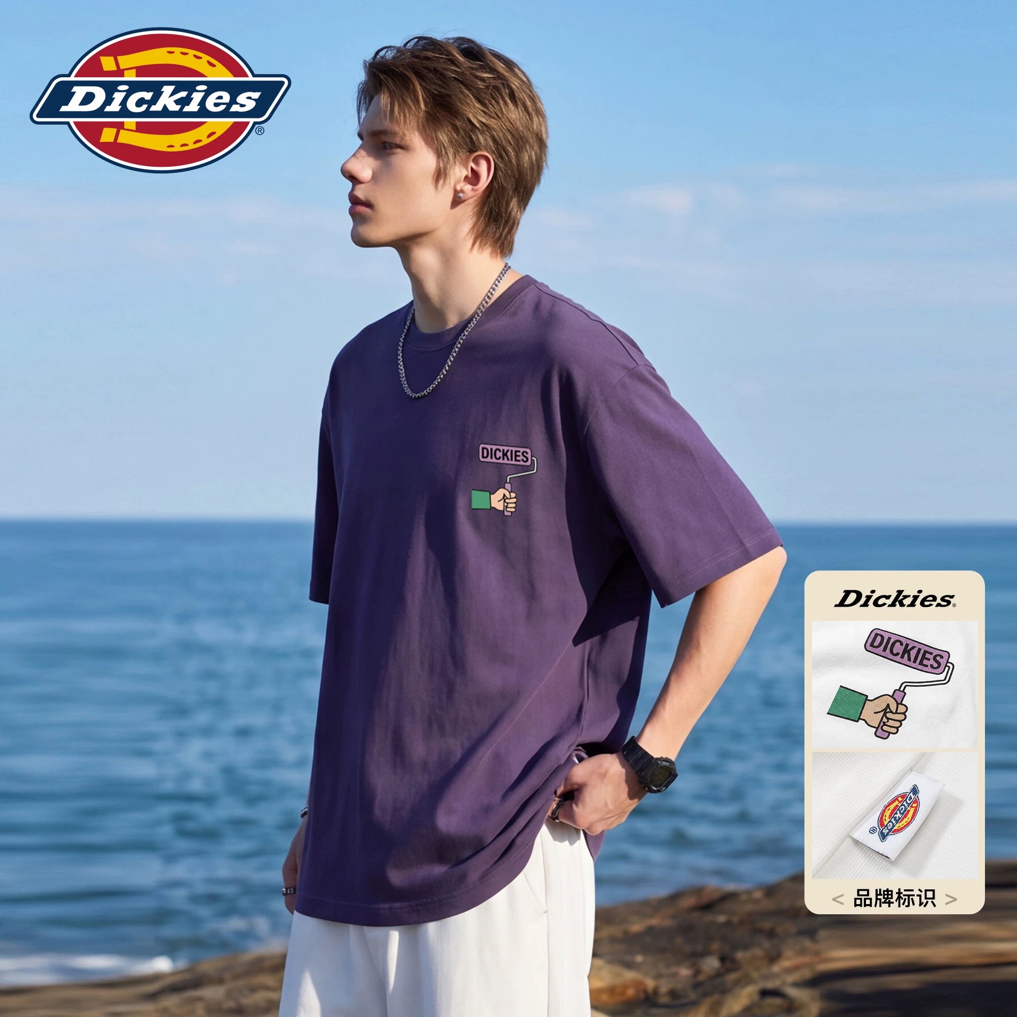 Dickies Cool Suitable Pure Cotton Short sleeved T-shirt Men's Summer American Trendy Brand Cartoon Letter Printed Half Sleeve Top M