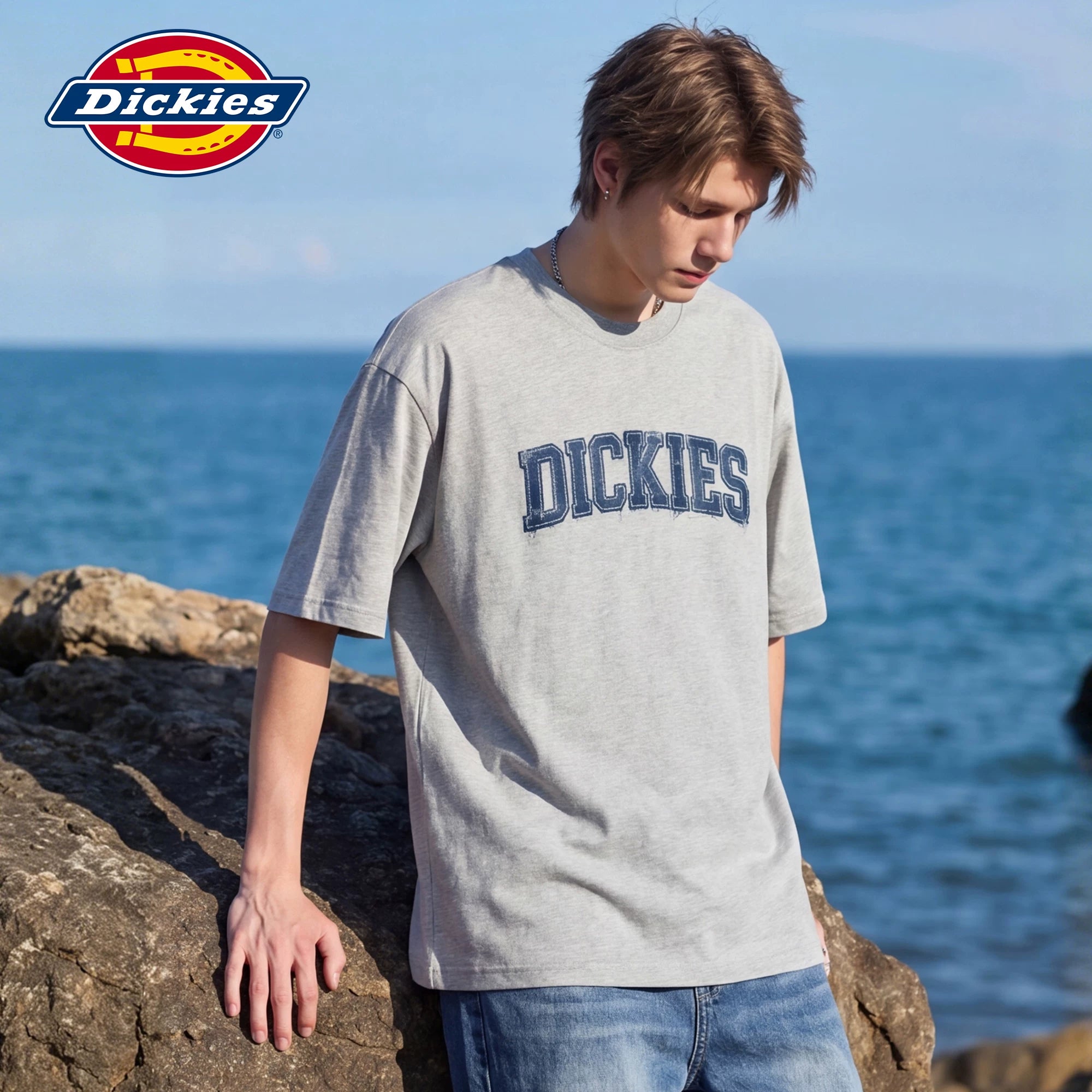 Dickies casual letter printed short sleeved T-shirt for men's summer loose round neck pure cotton half sleeved top M
