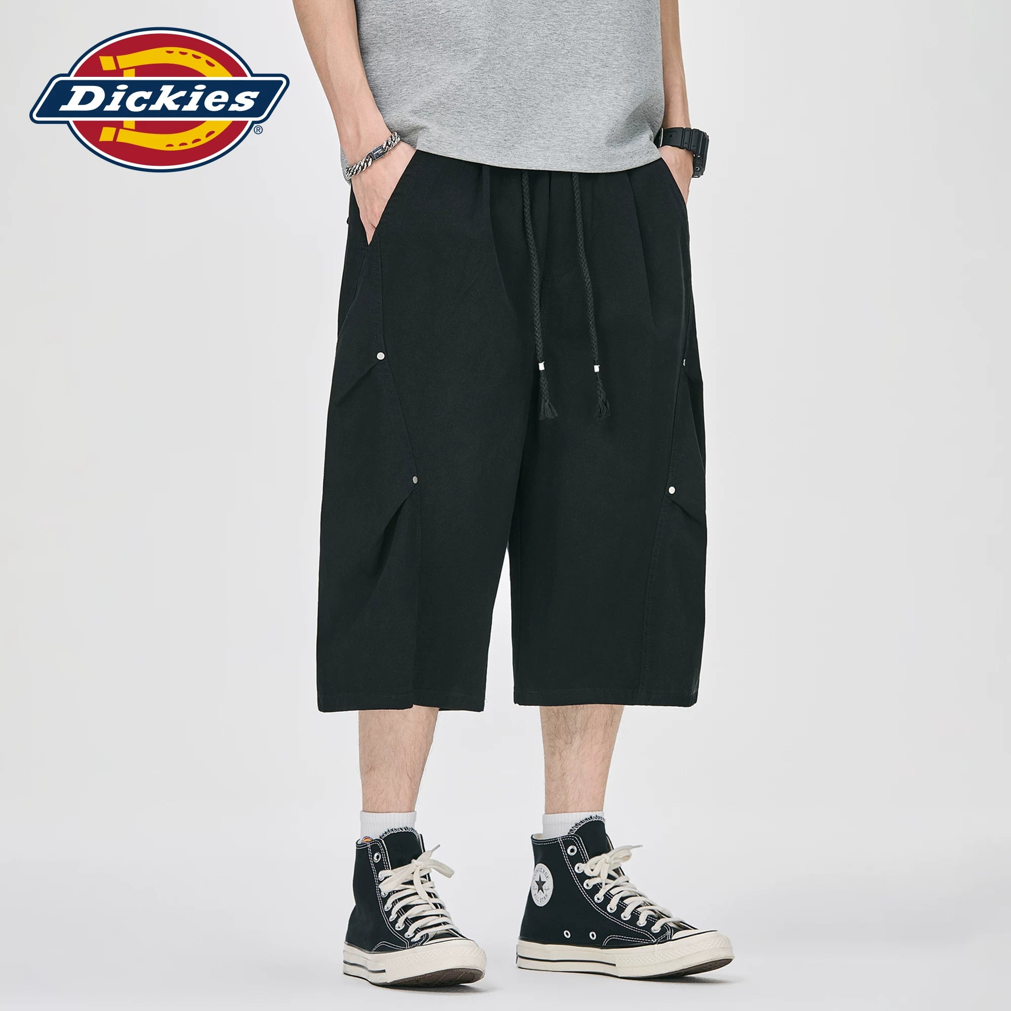 Dickies Cool American Trendy Brand Seven Point Pants for Men Summer Black Pure Cotton Loose Wide Leg Casual Middle Pants M