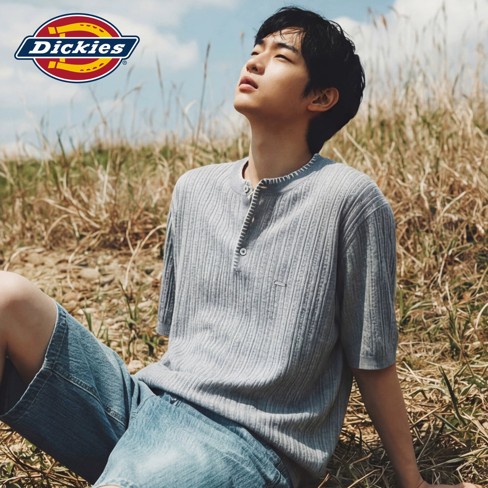Diesel Dickies Summer Knitted Short Sleeve T-shirt for Men with Henley Neck Breathable Loose Half Sleeve Top M