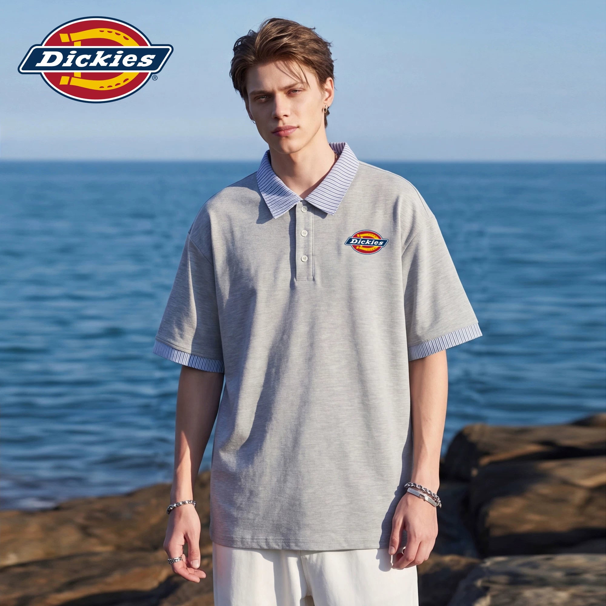 Dickies Emperor Cool Suitable Stripe Splicing Collar Short Sleeve Polo Top Men's Summer Loose Half Sleeve T-shirt M