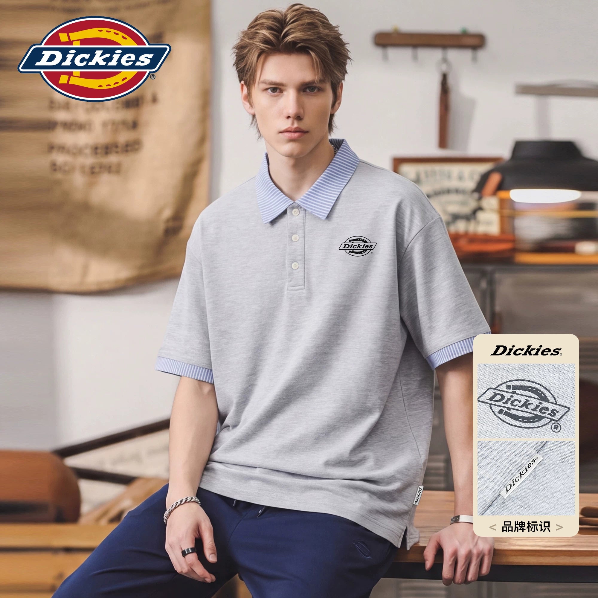 Dickies Emperor Cool Suitable Stripe Splicing Collar Short Sleeve Polo Shirt Men's Summer Casual Half Sleeve T-shirt Top M