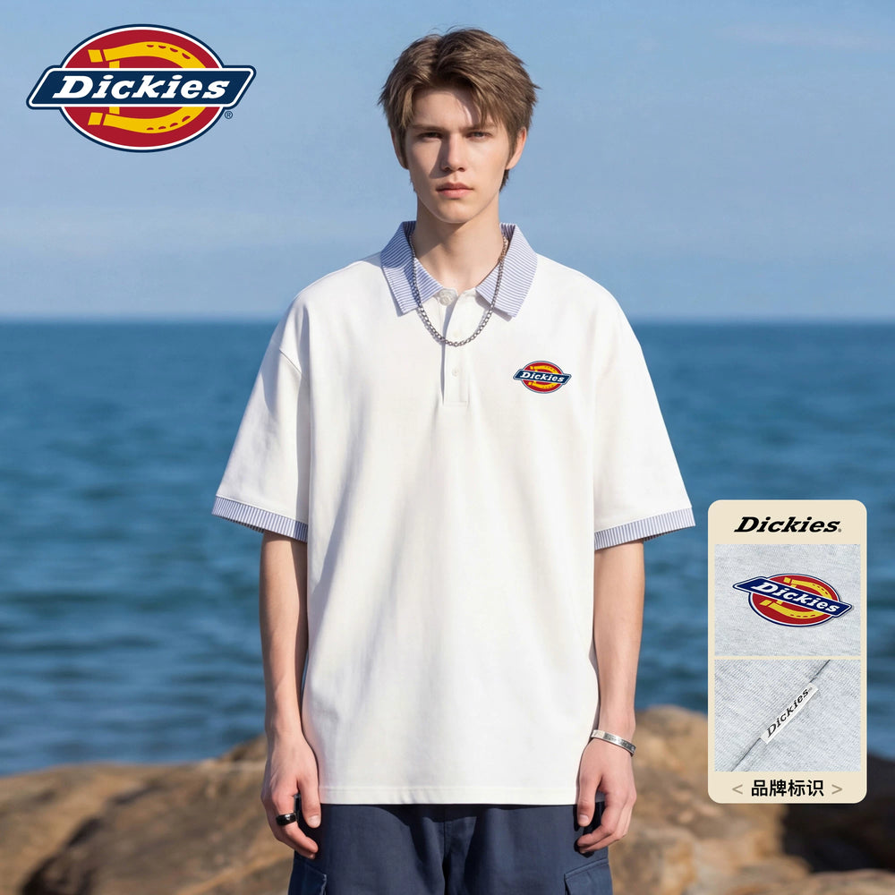 Dickies Emperor Cool Suitable Stripe Splicing Collar Short Sleeve Polo Top Men's Summer Loose Half Sleeve T-shirt M