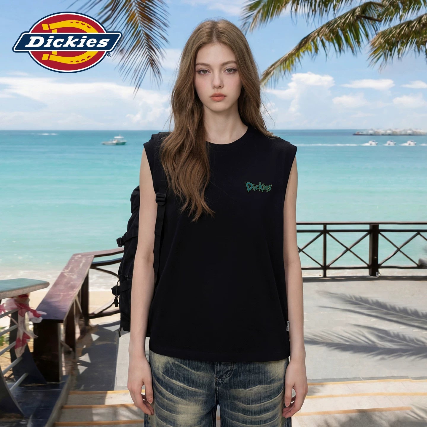 Dickies Cool Summer Style Black Sleeveless Vest Women's 2026 Loose Casual Round Neck Printed Top m