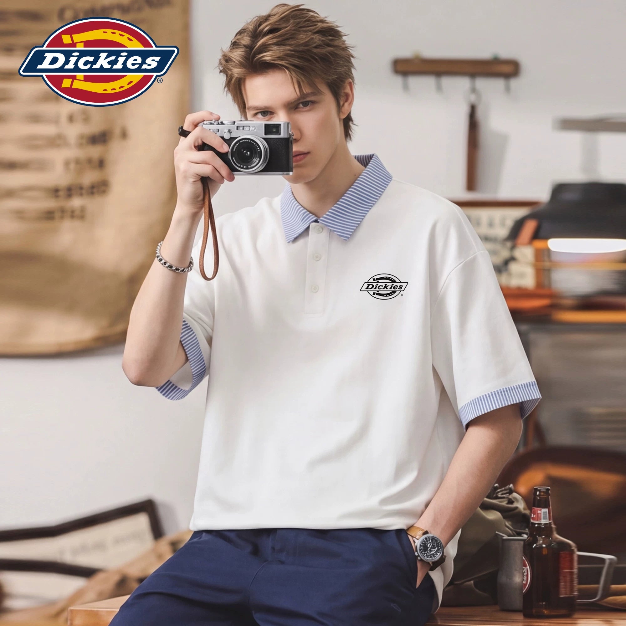Dickies Emperor Cool Suitable Stripe Splicing Collar Short Sleeve Polo Shirt Men's Summer Casual Half Sleeve T-shirt Top M