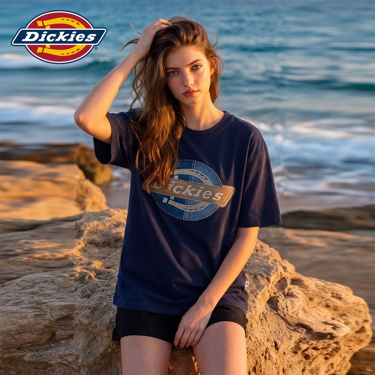 Dickies Cool Suitable navy blue round neck printed short sleeved T-shirt for women's summer new loose casual style top m