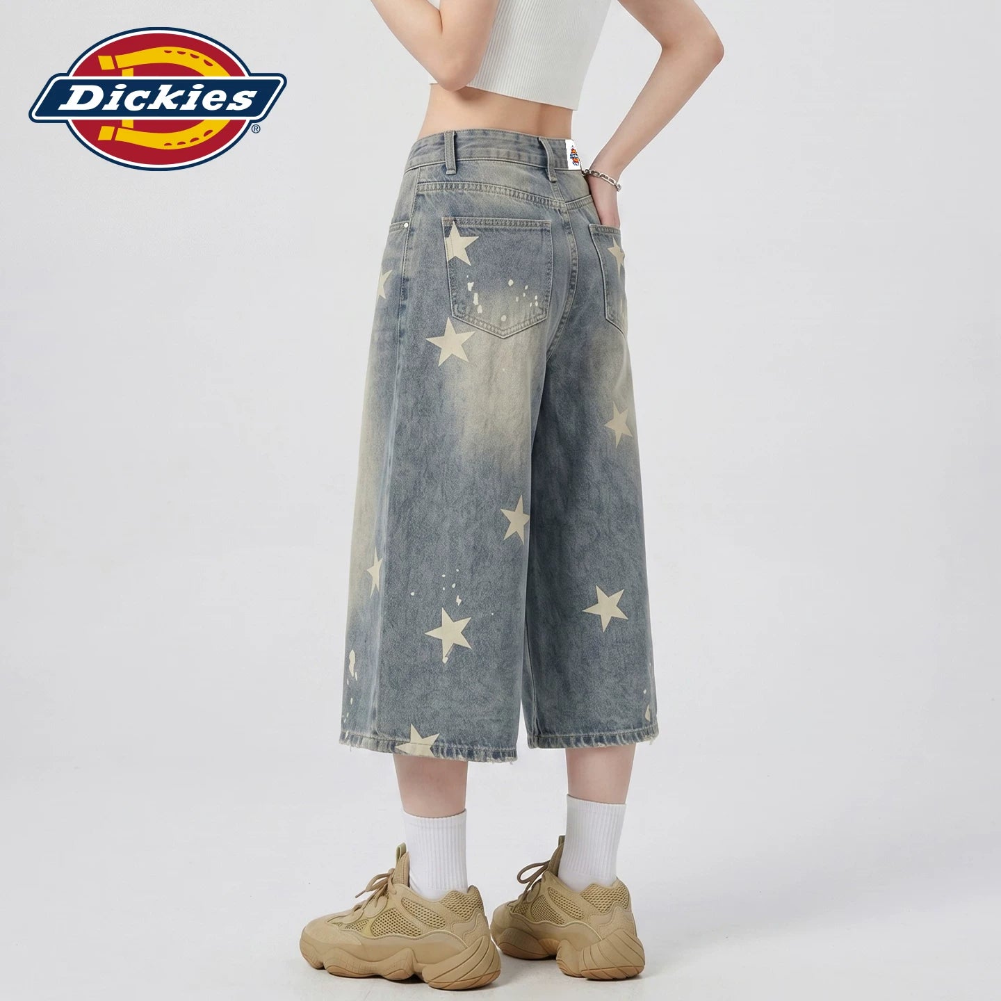 Dickies Cool American Retro Star Printed Seven Cent Cowboy Shorts for Women, Vintage Washed Wide Leg Mid Pants Y