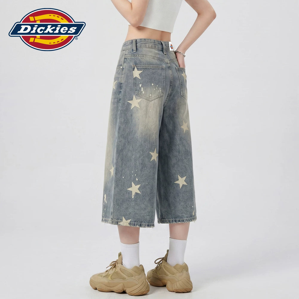 Dickies Cool American Retro Star Printed Seven Cent Cowboy Shorts for Women, Vintage Washed Wide Leg Mid Pants Y