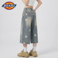 Dickies Cool American Retro Star Printed Seven Cent Cowboy Shorts for Women, Vintage Washed Wide Leg Mid Pants Y