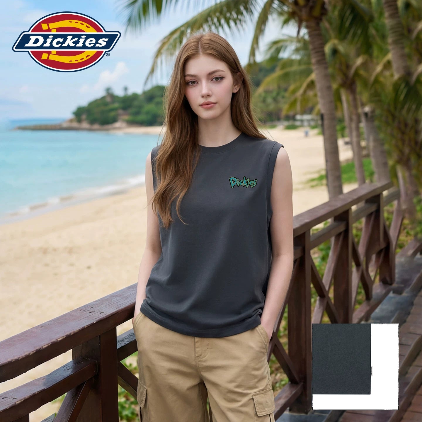 Dickies Cool Summer Style Black Sleeveless Vest Women's 2026 Loose Casual Round Neck Printed Top m