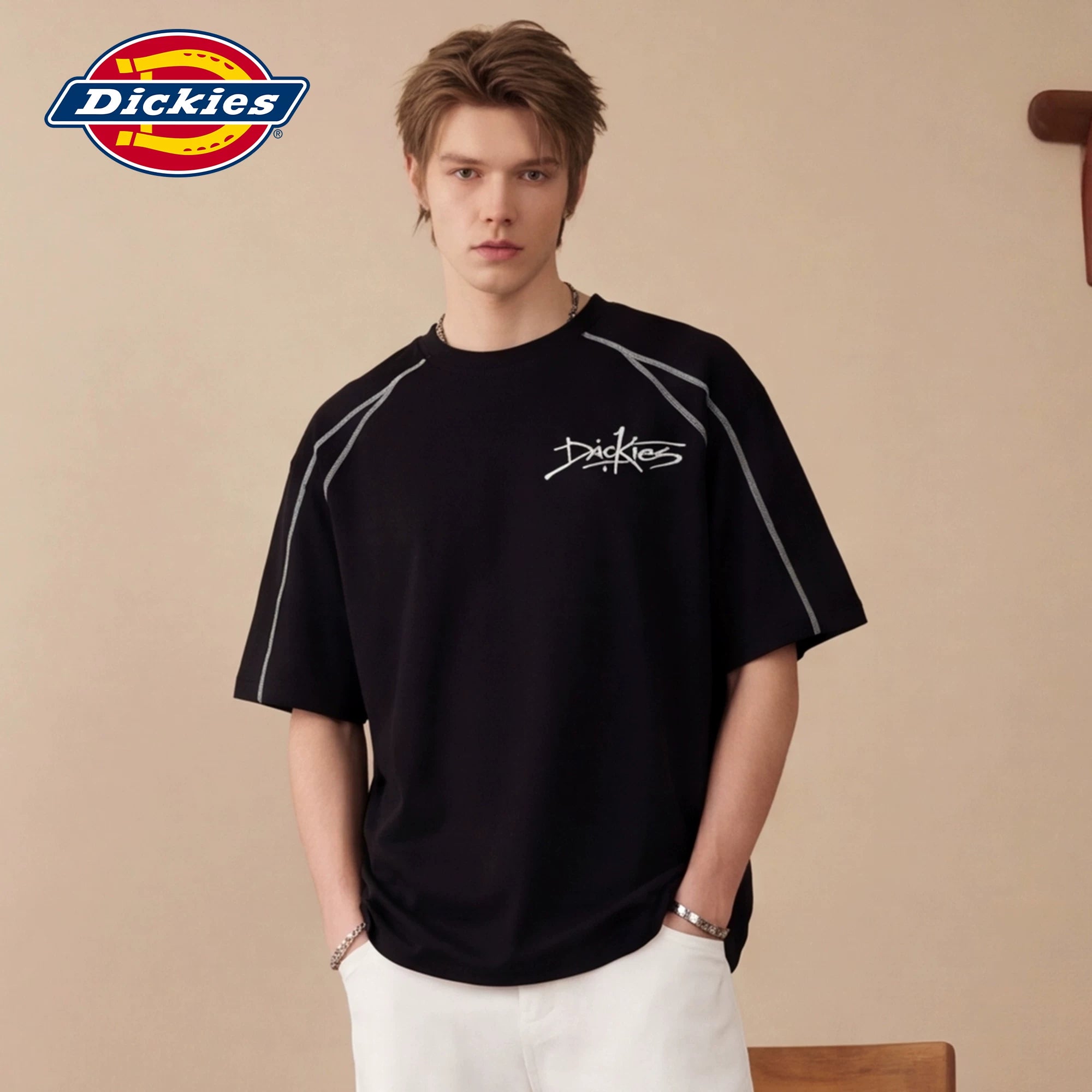 Dickies Di Ku Shi Solona Short sleeved T-shirt Men's Summer Bright Thread Decoration Contrast Half Sleeve Black Top M