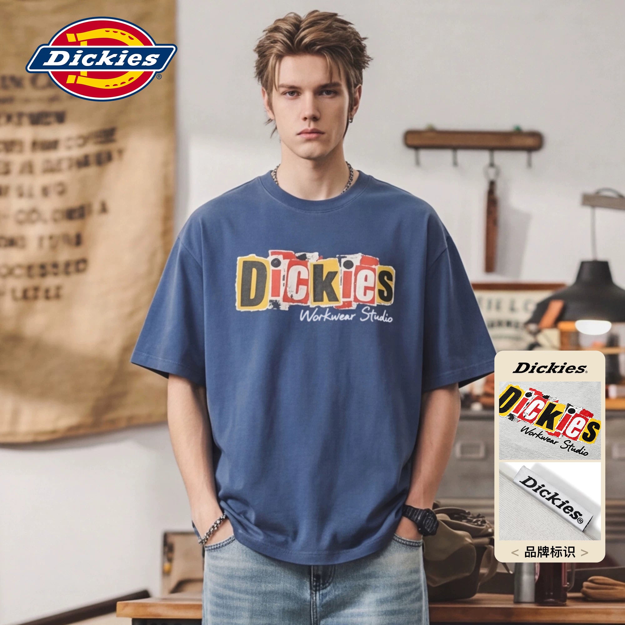 Dickies Emperor Cool Suitable American Letter Printed Short sleeved T-shirt for Men's Summer Loose and Versatile Half Sleeve Pure Cotton Top M