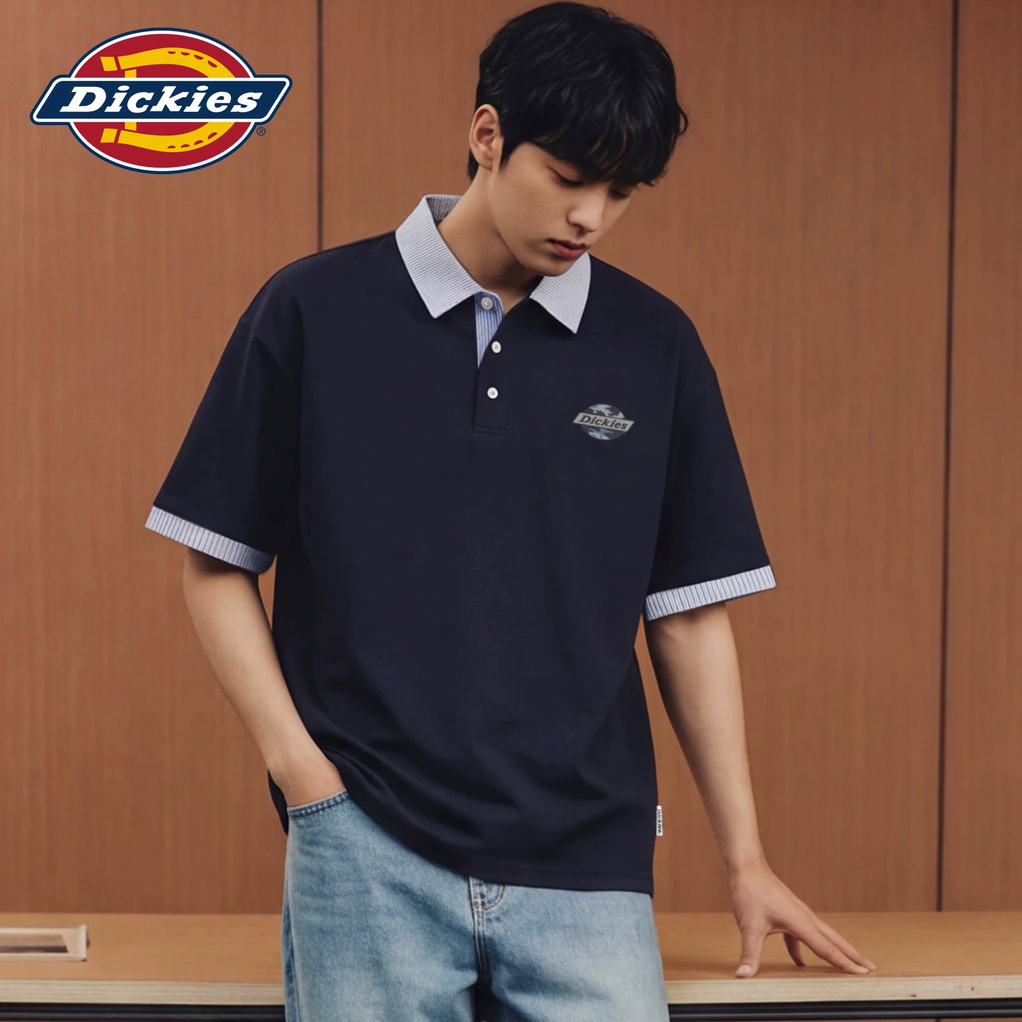 Dickies帝酷适拼接短袖POLO衫男士夏季复古条纹宽松半袖休闲上衣M