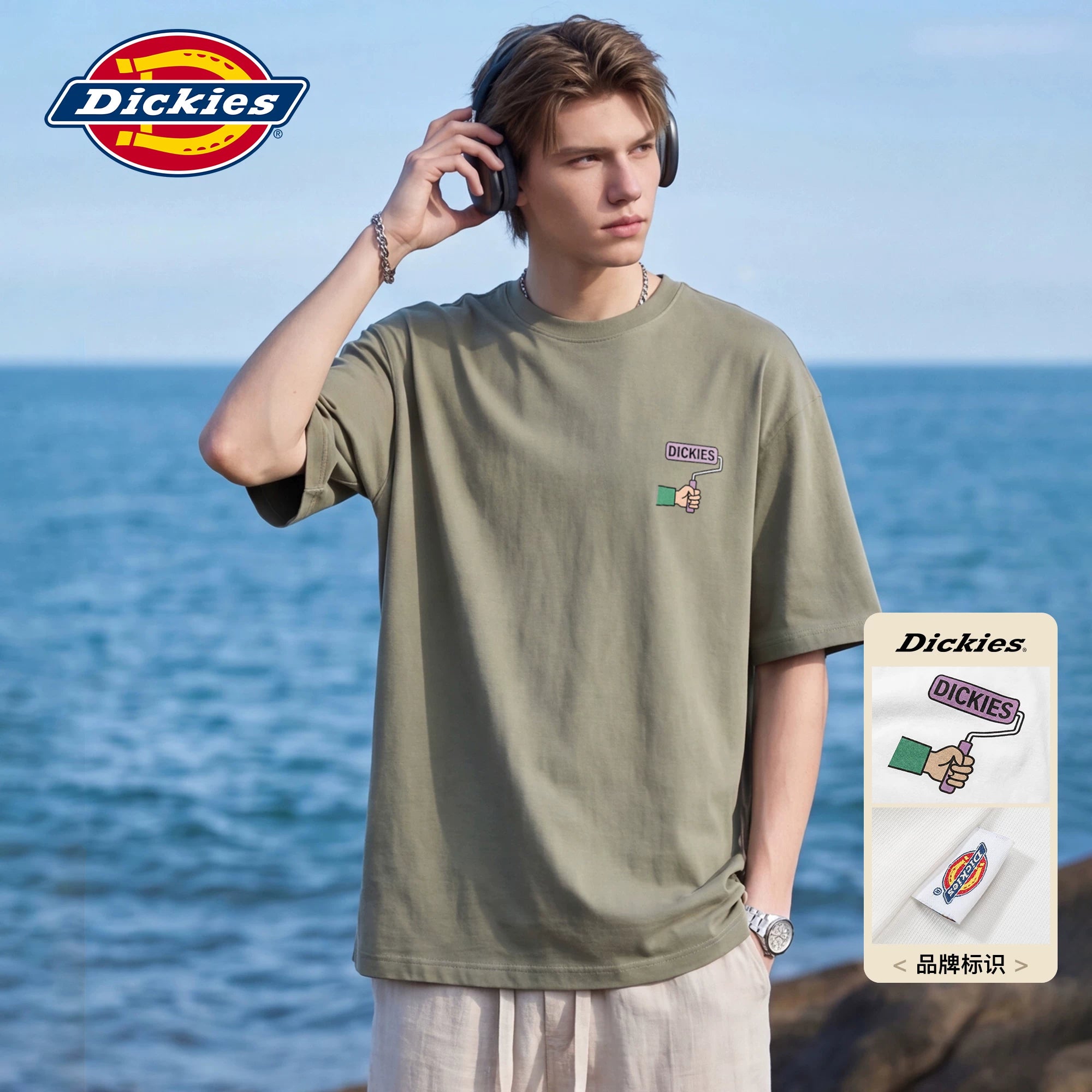 Dickies Cool Suitable Pure Cotton Short sleeved T-shirt Men's Summer American Trendy Brand Cartoon Letter Printed Half Sleeve Top M