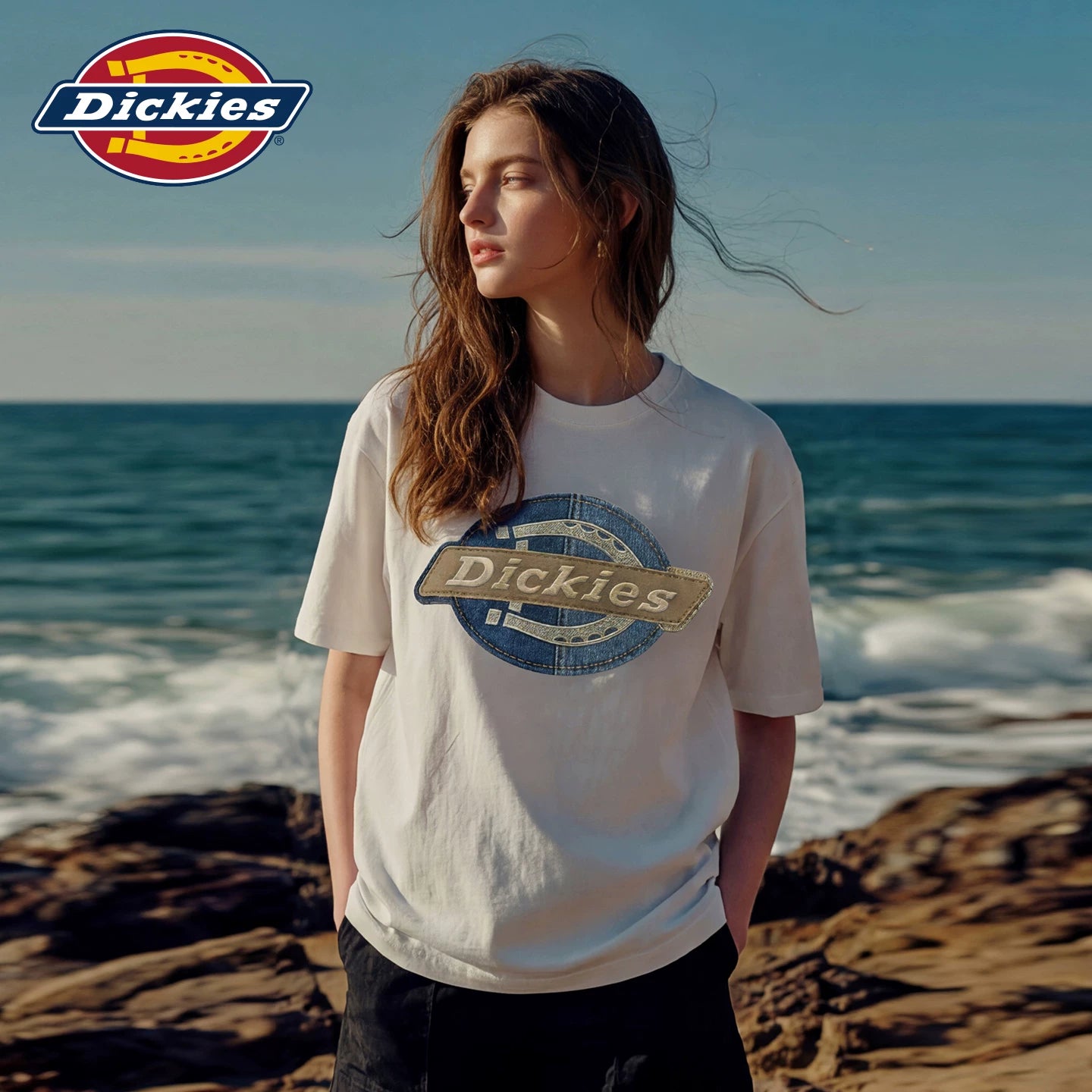 Dickies Cool Suitable navy blue round neck printed short sleeved T-shirt for women's summer new loose casual style top m
