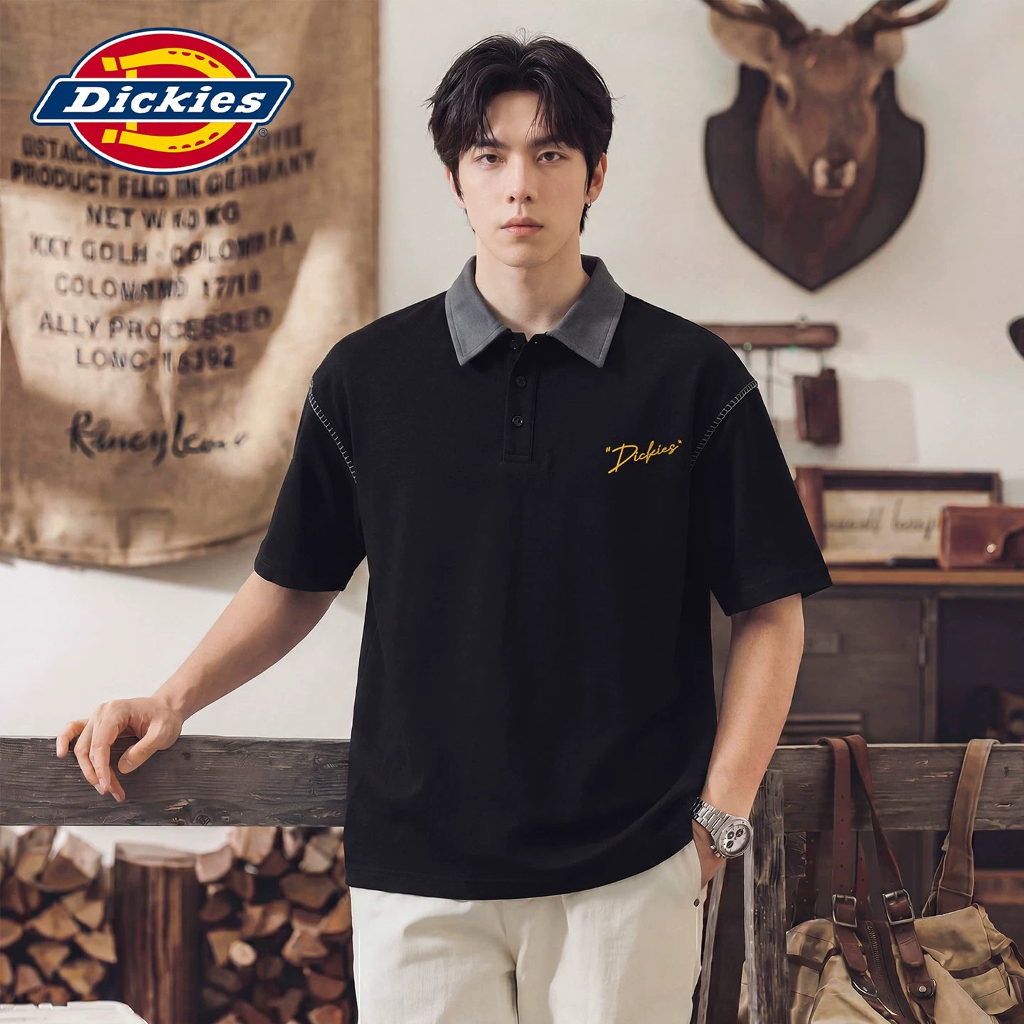 Dickies Cool Color Matching Flip Collar Short Sleeve Polo Shirt Loose New Summer Men's Thin Half Sleeve Top Y
